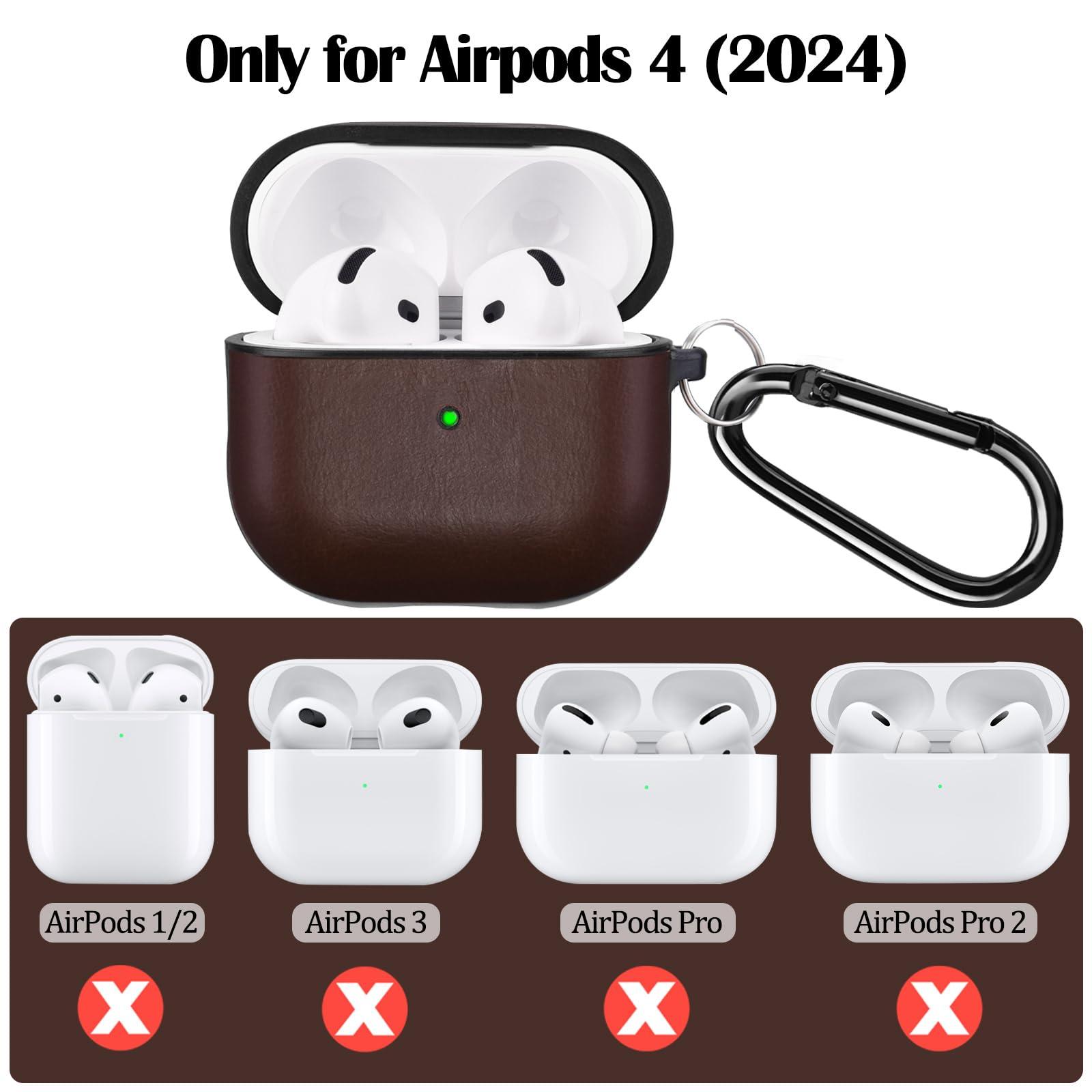 V-MORO V-MORO Compatible with Airpods 4 Case Cover Genuine Leather AirPod 4th Generation(2024) Case Men [Front LED Visible] iPod 4 Leather Hard Protective Covers Ear Skin Dark Brown