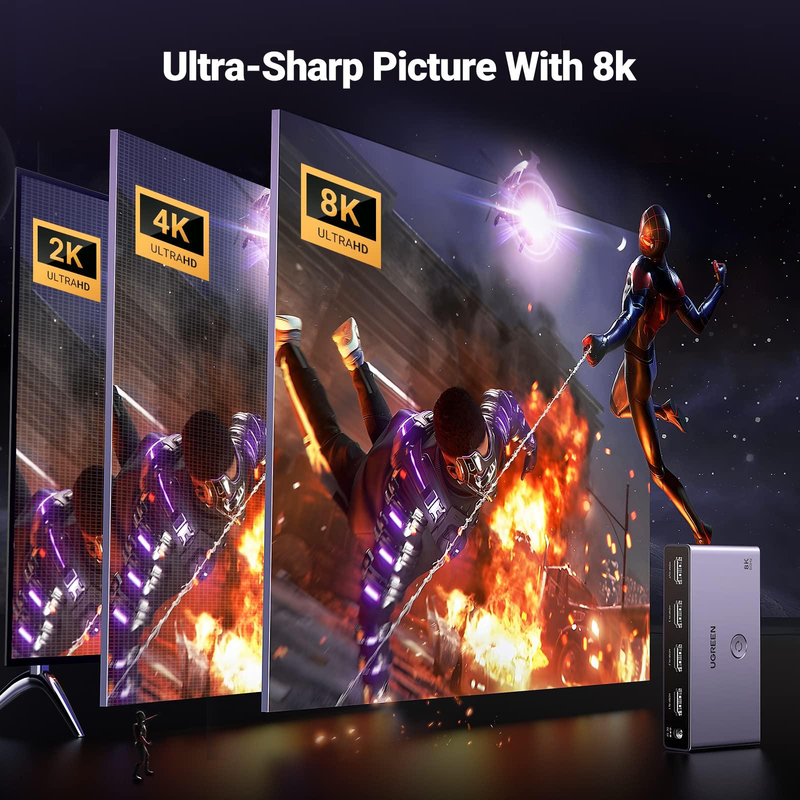 UGREEN UGREEN HDMI 2.1 Switch Aluminum Ultra HD 8K 3 in 1 Out HDMI Splitter with Remote Supports 4K@120Hz, 8K@60Hz 4K@60Hz Bundle with 8K HDMI 2.1 Cable 48Gbps 6.6FT, Certified Ultra High Speed HDMI Cord