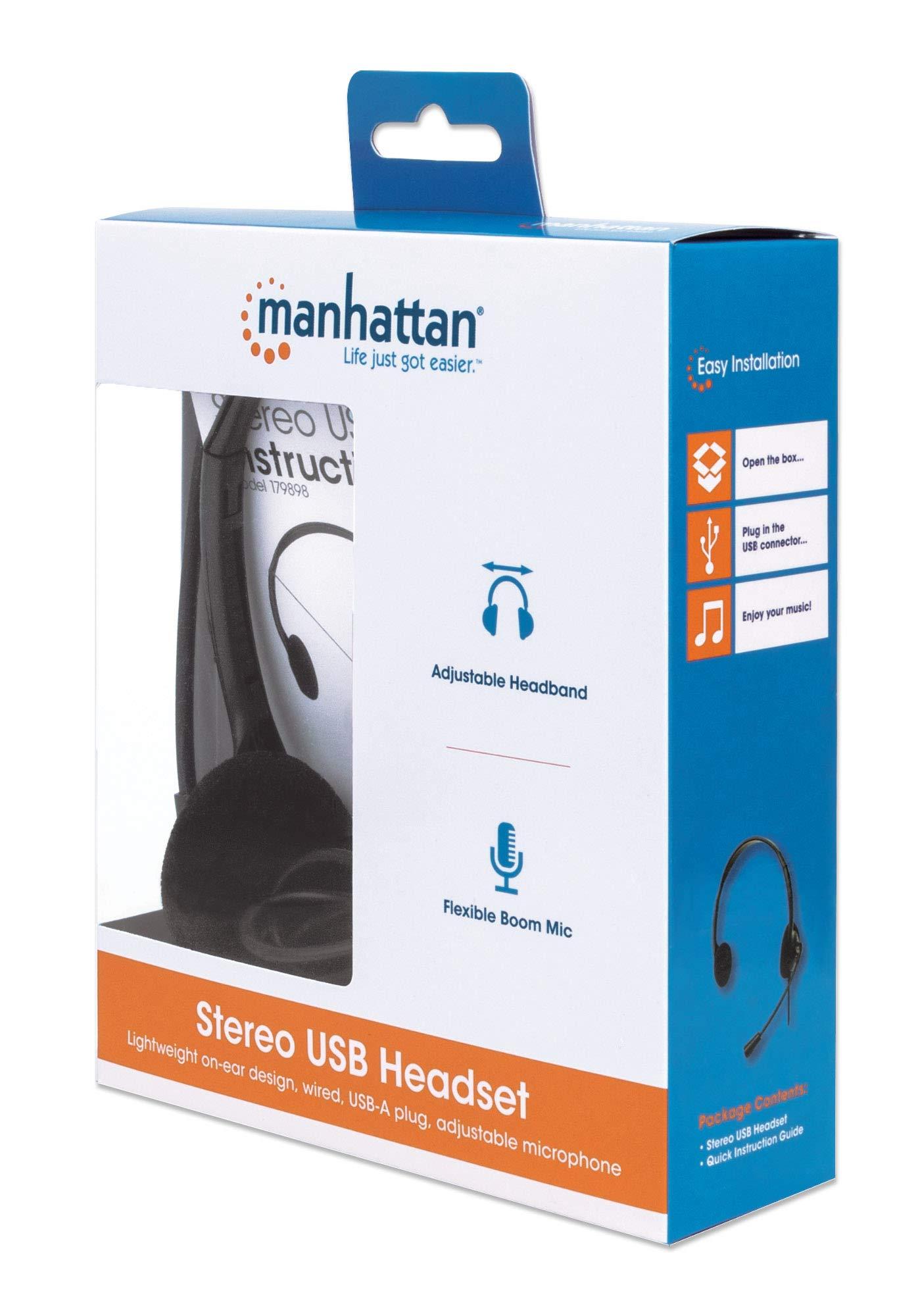 MANHATTAN MANHATTAN USB Headset with Mic Long 5 ft Cable Cord, Dual-Sided Padded On-Ear, Adjustable Headband Non Reversible (Left Side Mic Use Only) - for Desktop, Laptop, Computer 3 Yr Mfg Warranty-179898