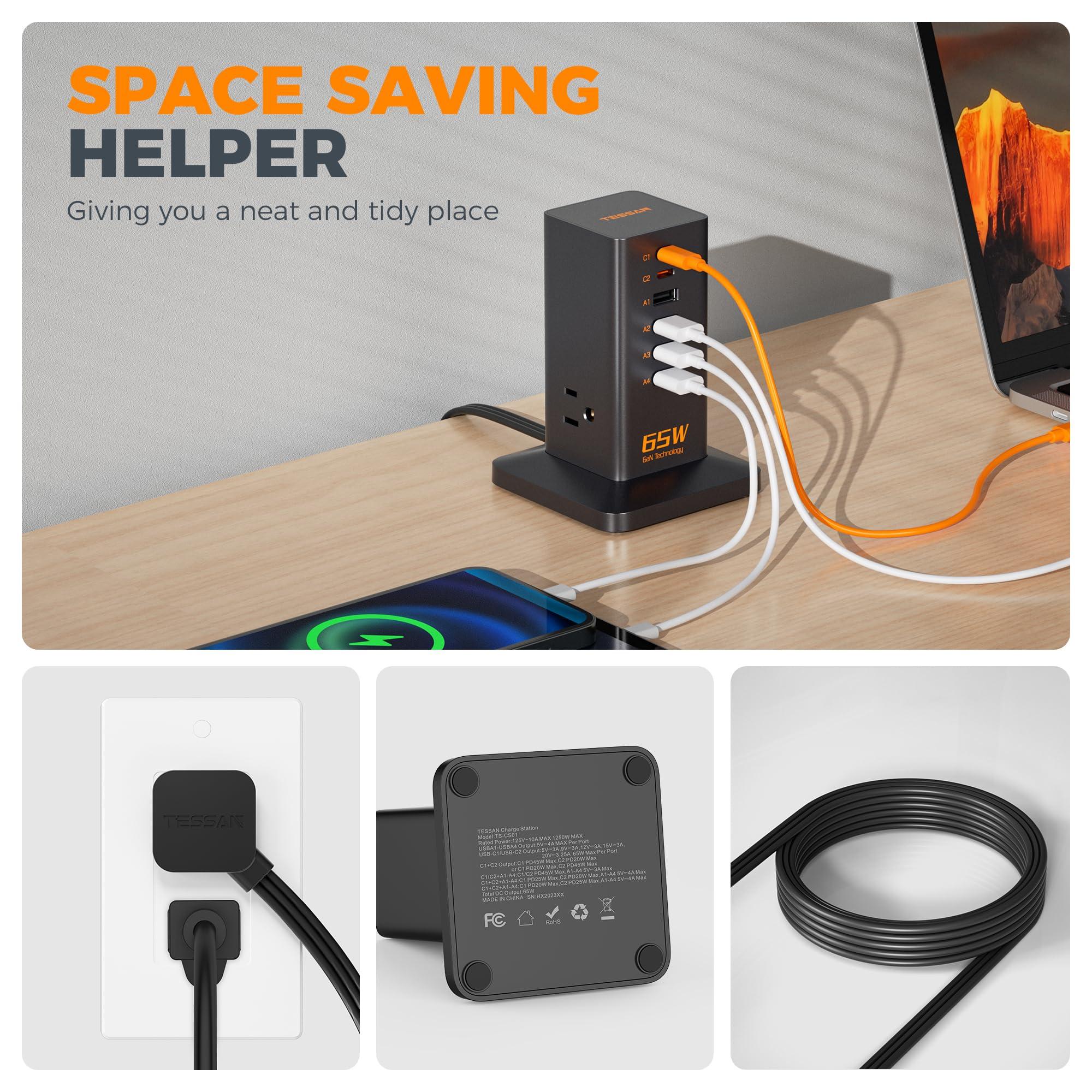 TESSAN USB Charging Station for Multiple Devices PD 65W, TESSAN 9-in-1 USB C Charger Block for iPhone 16/15, MacBook, Tablet, Type C Desktop Charger with 3 AC, Home Travel Office Accessories