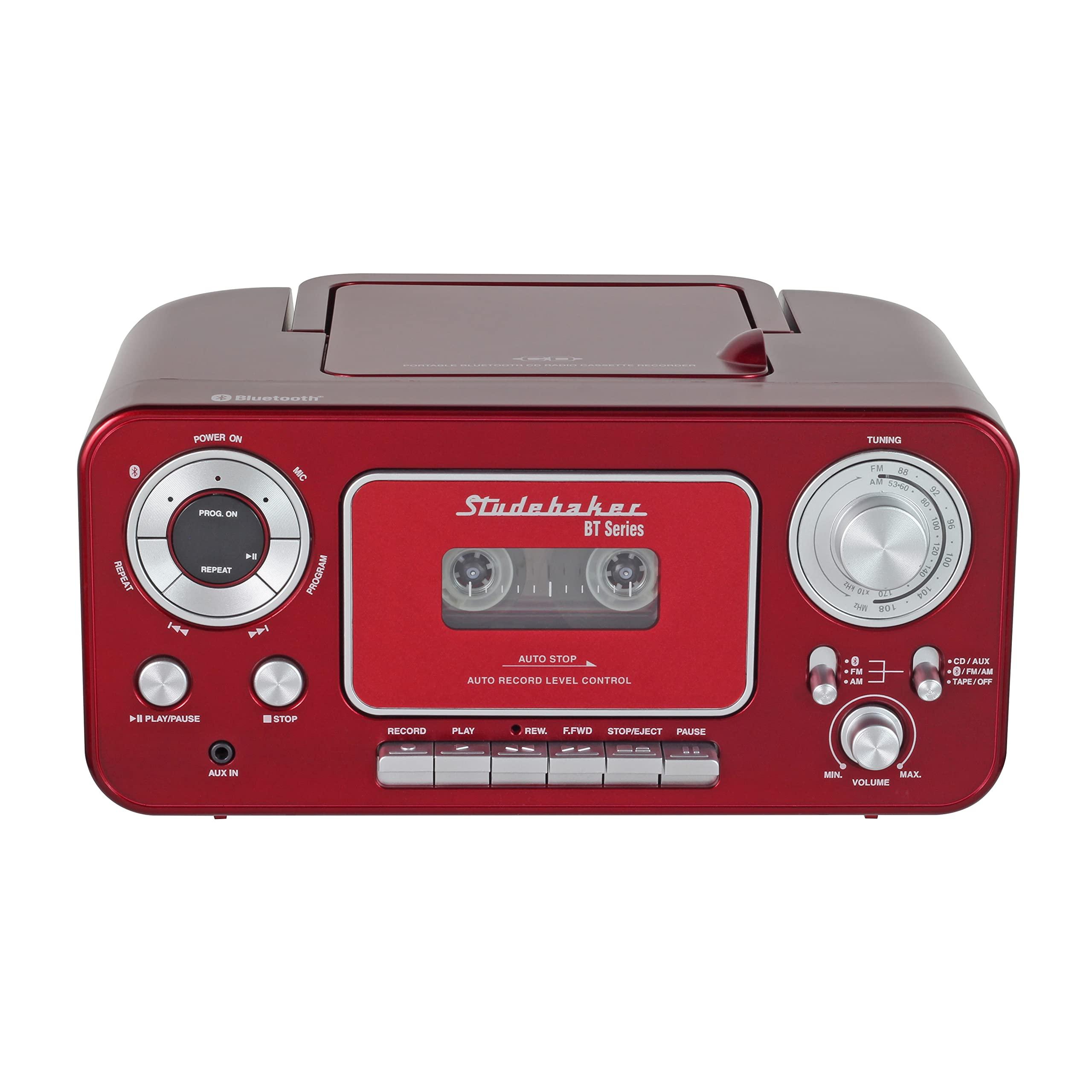 Studebaker Portable Stereo CD Player with Bluetooth, AM/FM Stereo Radio and Cassette Player/Recorder (Red & Silver)