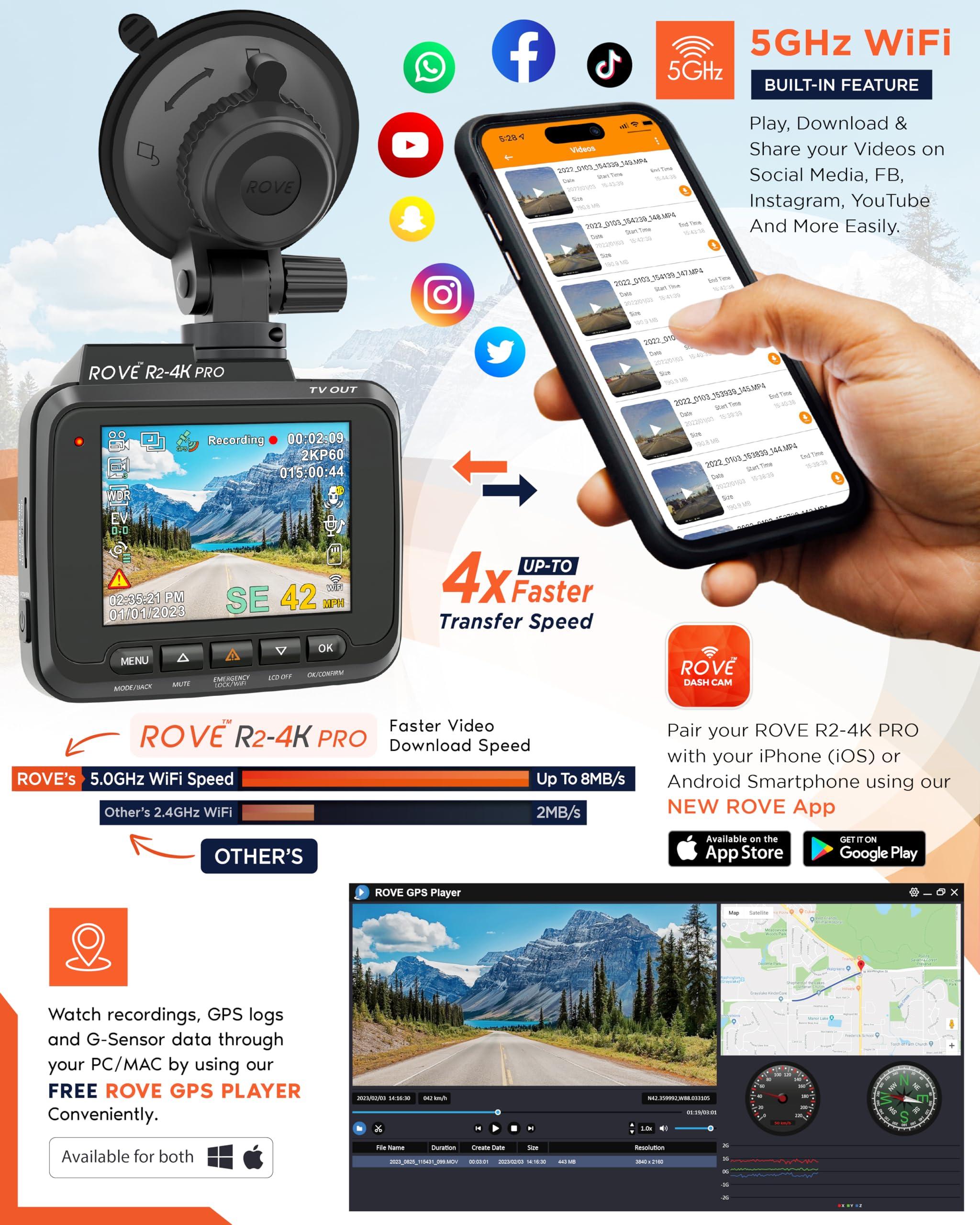 ROVE ROVE R2-4K PRO Dash Cam, Built-in GPS, 5G WiFi Dash Camera for Cars, 2160P UHD 30fps Dashcam with APP, 2.4" IPS Screen, Night Vision, WDR, 150 Wide Angle, 24-Hr Parking Mode, Supports 512GB Max