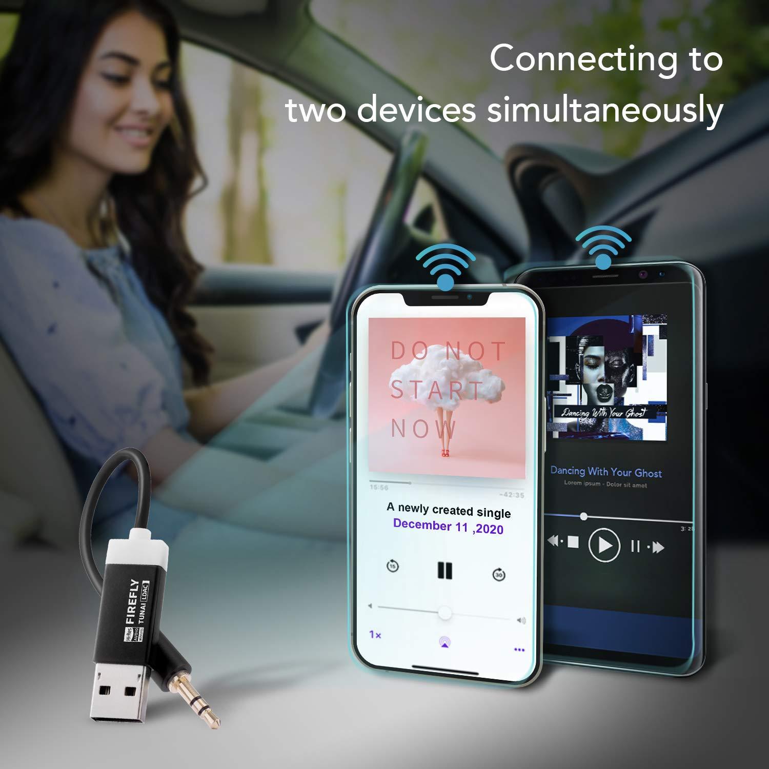 TUNAI TUNAI Firefly LDAC Bluetooth Receiver: High Resolution Wireless Audio Bluetooth 5.0 Adapter with Audiophile USB DAC 3.5mm AUX for Car/Home Stereo Hi Res Music Streaming; Auto On, No Charging Needed