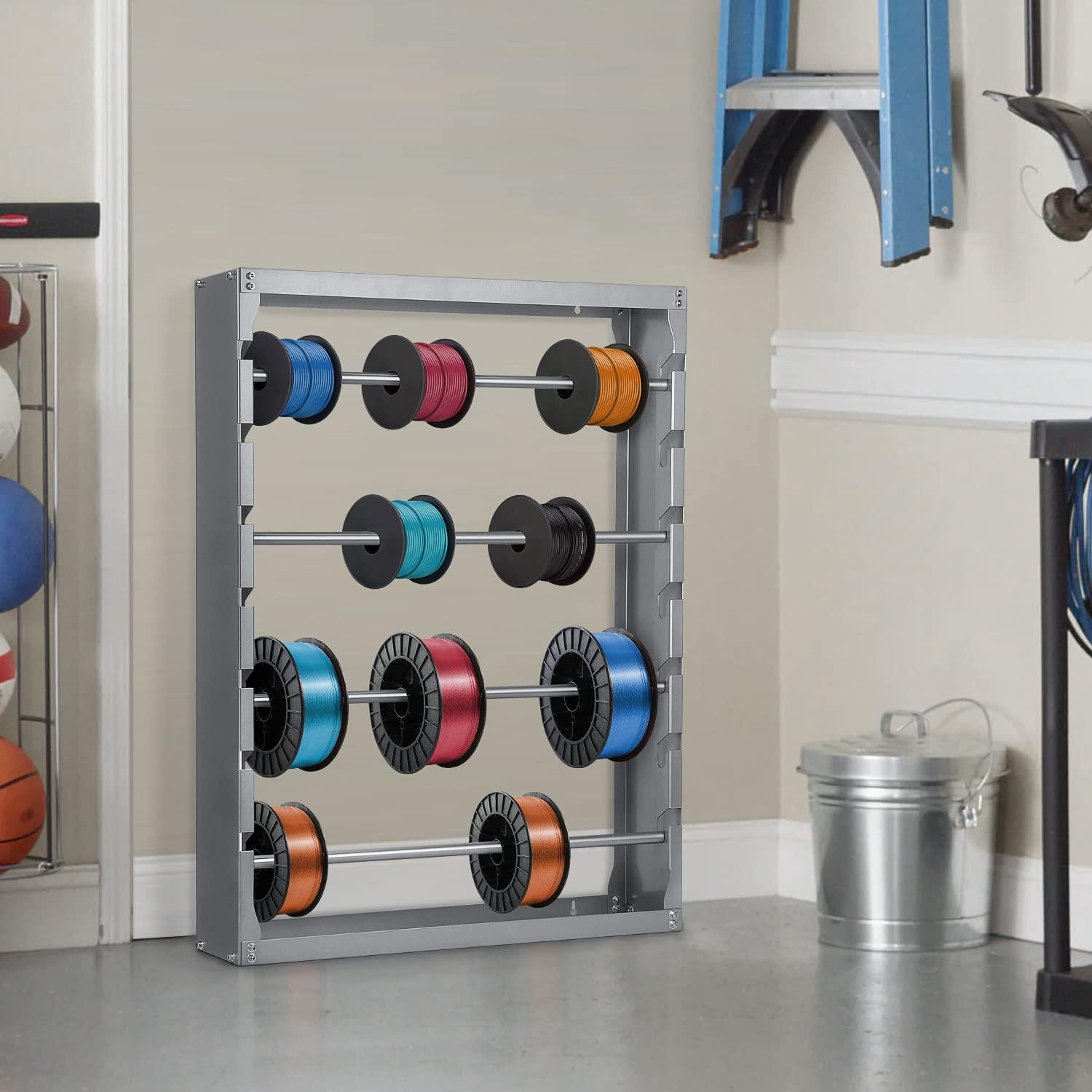 foriy foriy Wire Spool Rack, Heavy Duty Cold-Rolled Steel Wire Dispenser, Conduit Display Rack, Wall Mounted Spool Storage Rack for Electrical Industrial Retail Use 4 Adjustable Rods Grey