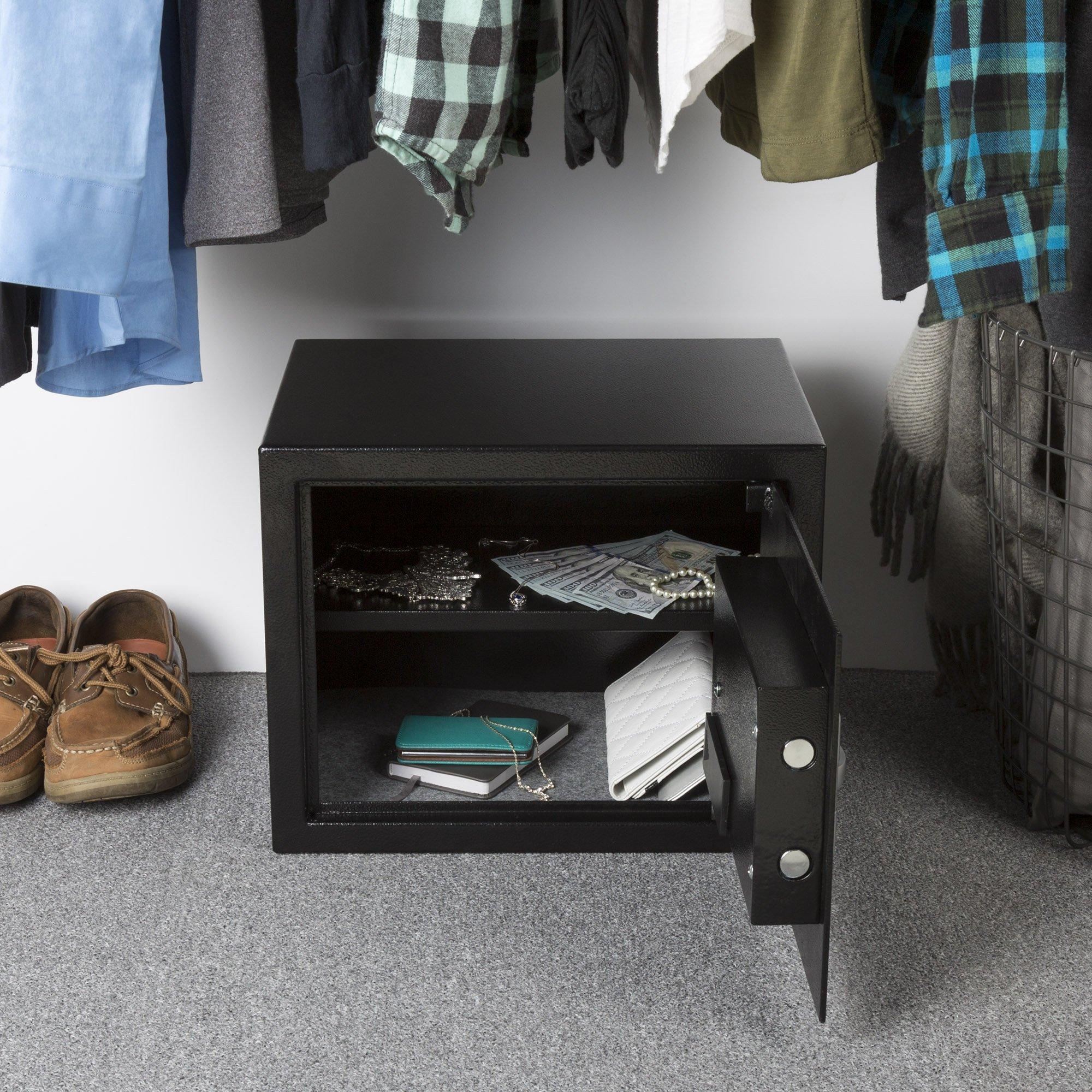 Stalwart Digital Safe - Compact Steel Money Security Box with Electronic Keypad and 2 Manual Override Keys - Large Strongbox for Valuables by Stalwart (Black)