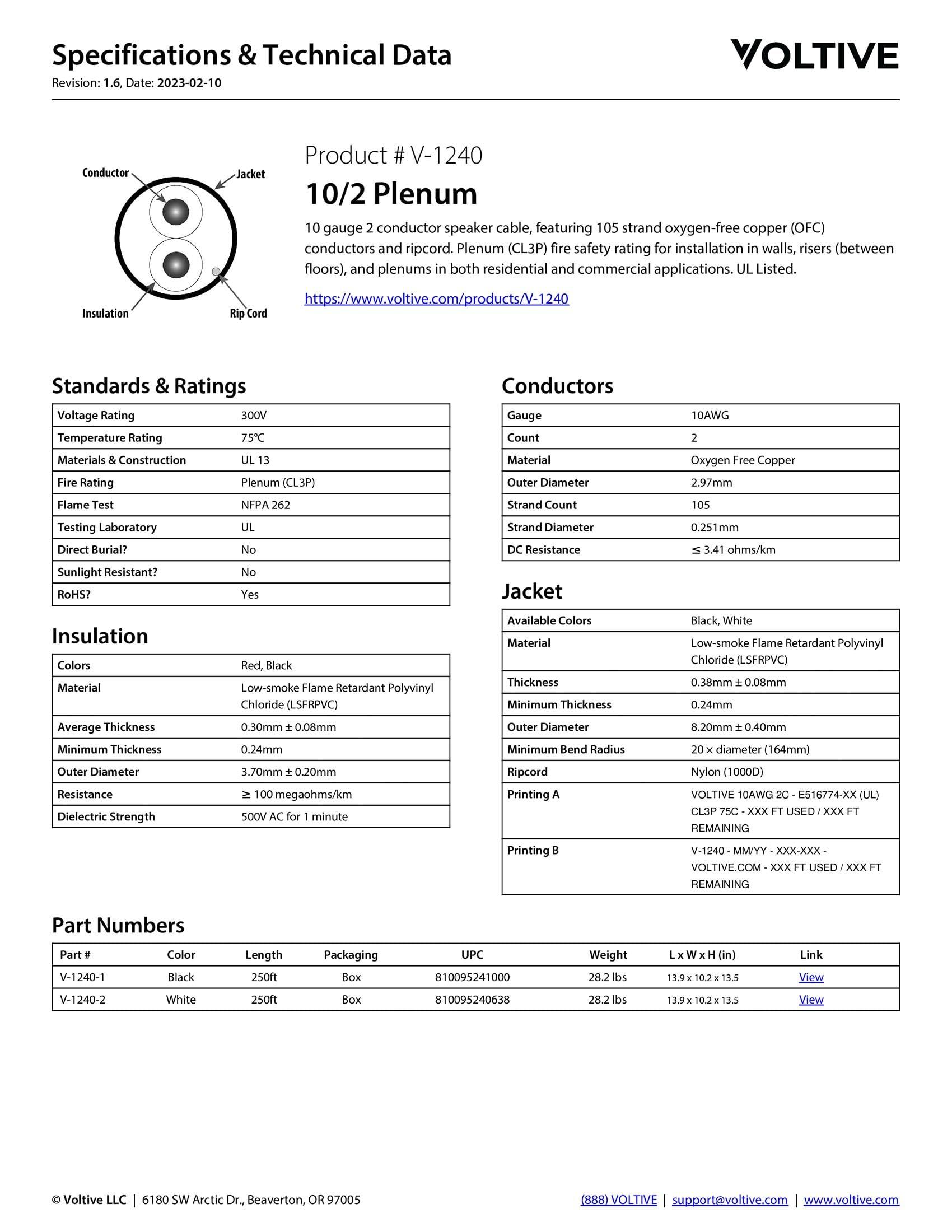 Voltive Voltive 10/2 Plenum Speaker Wire - 10 AWG/Gauge 2 Conductor - UL Listed Plenum Rated (CL2P/CL3P/CMP) - Oxygen-Free Copper (OFC) - 250 Foot Bulk Cable Pull Box - White