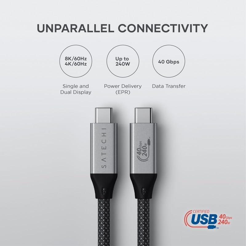 Satechi Satechi USB C to USB C 4.0 Pro Cable, USB-IF Certified, 240W Power Delivery, 8K Resolution @ 60Hz, 4K @ 120Hz Single/Dual Display, 40Gbps Data Transfer, Downward Compatible to 2.0 USBC (4 ft/1.2m)