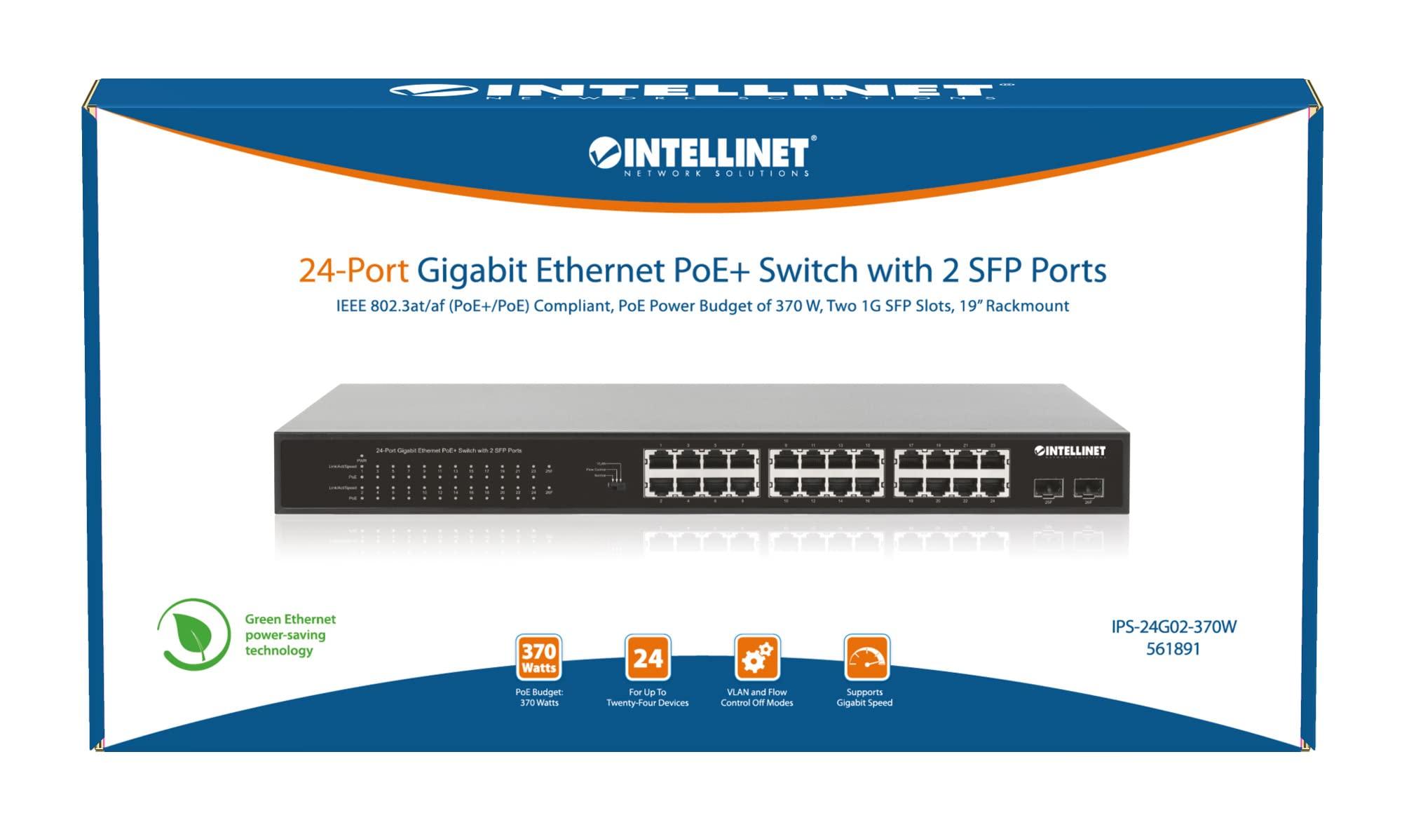 Intellinet Intellinet 24-Port Unmanaged PoE+ Gigabit Ethernet Switch - 370W Power Budget, 2 x 1Gbps SFP Ports, Rackmount/Desktop, Autosensing Ports, Sturdy Metal 3 Yr Mfg Warranty - 561891