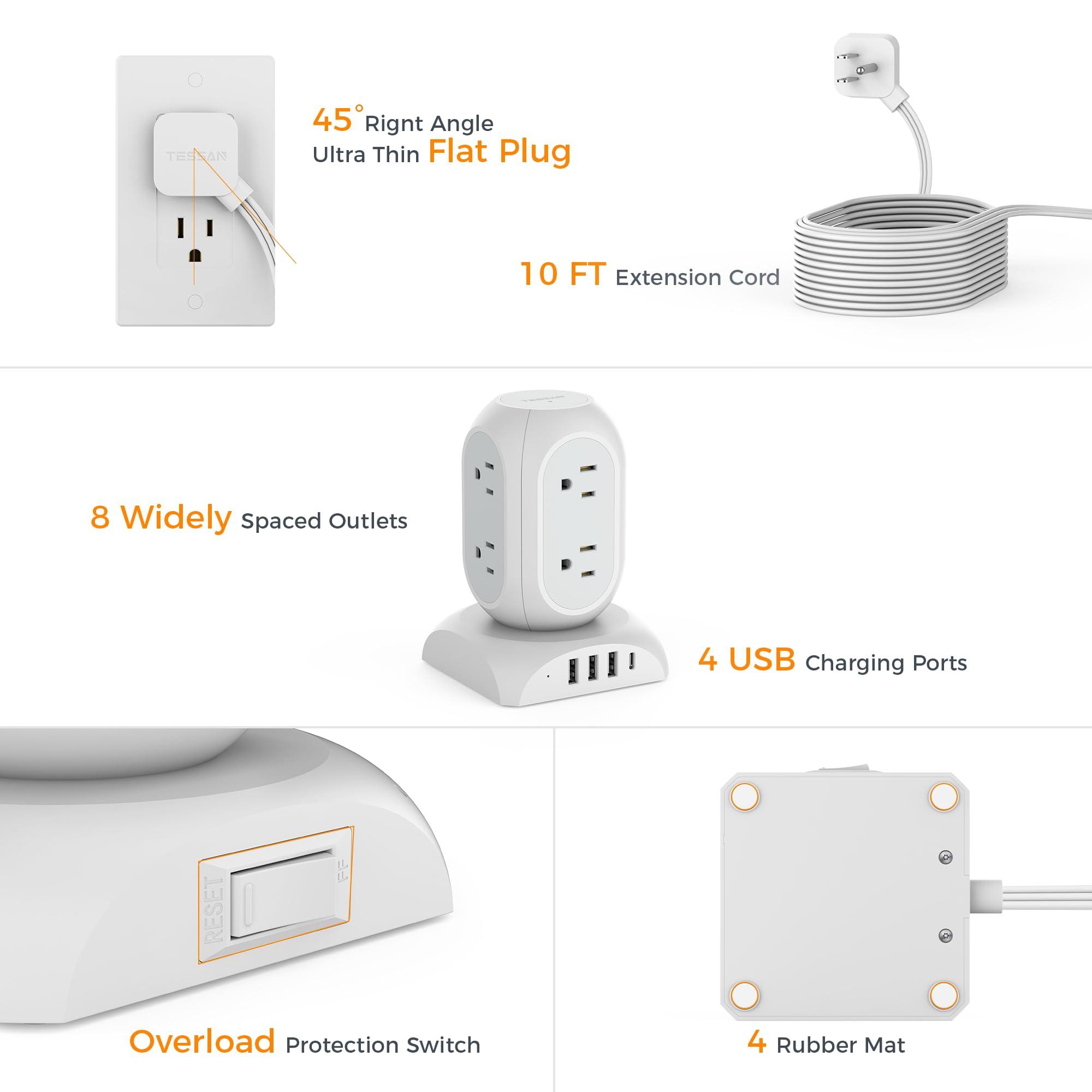 TESSAN Surge Protector Power Strip Tower, TESSAN Flat Plug Extension Cord 10 Ft with 8 AC Multiple Outlets 4 USB Ports (1 USB C), 1050J Protection Desk Charging Station for Home, Office Supplies, Dorm Room