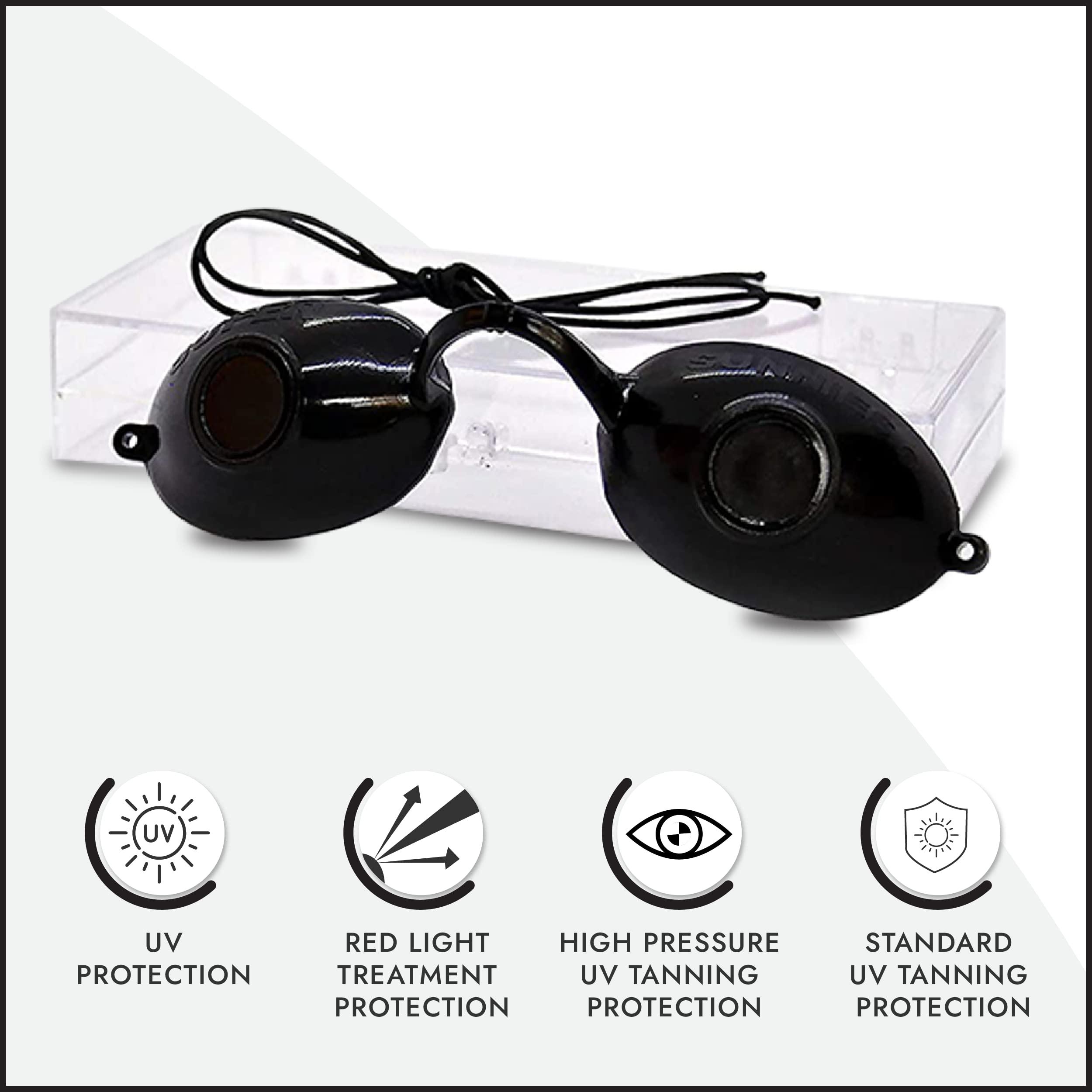 Super Sunnies Super Sunnies UV Eye Protection, FDA Compliant Individual Tanning Bed Goggles Eyeshields, Glasses, With a Clear Case/Box (Black)