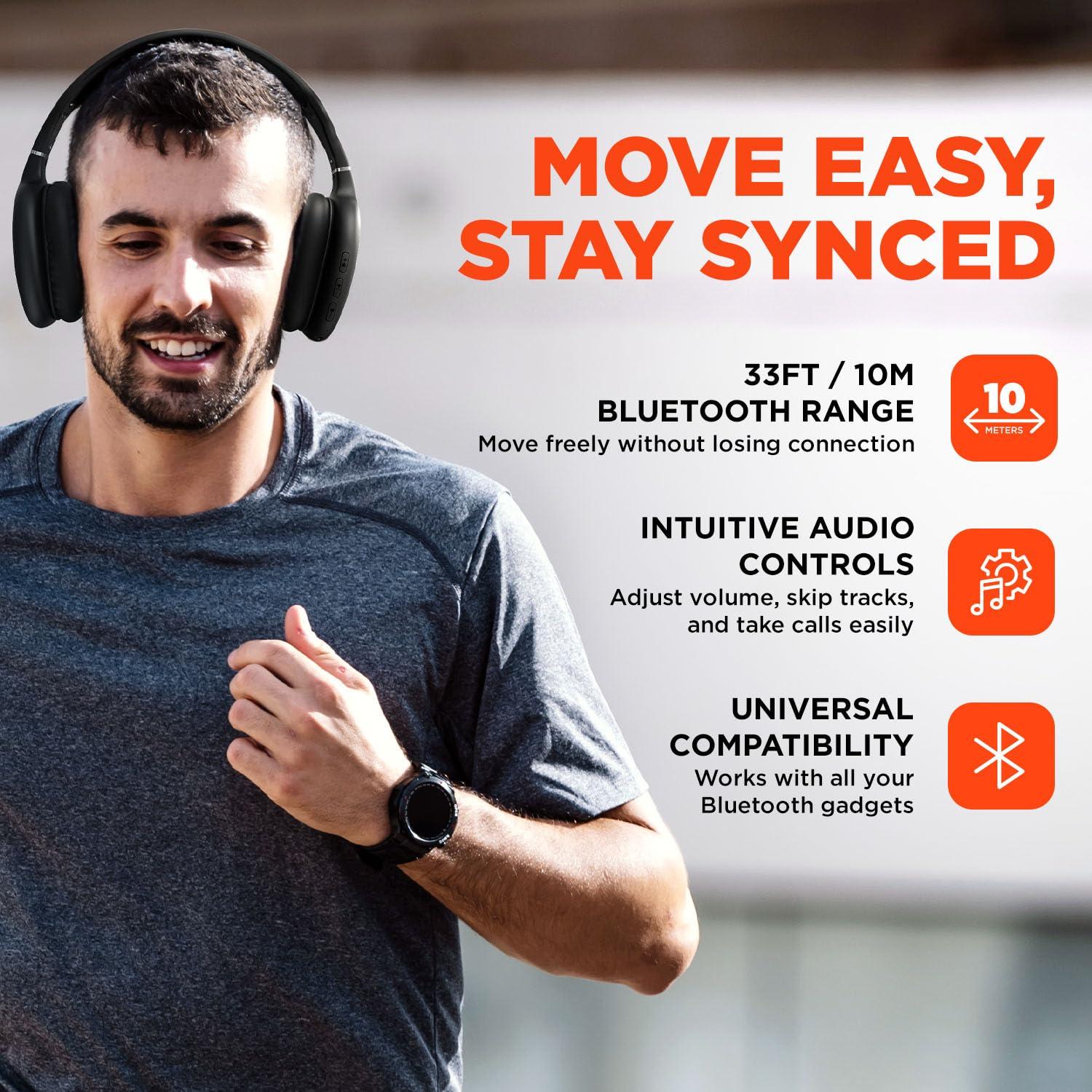 HyperGear HyperGear Vibe Bluetooth Wireless Headphones - Over-Ear Headphones Wireless for Music, Built-in Mic & Controls, Memory Foam Ear Cups for Travel, Home Office, Gym & More - Black