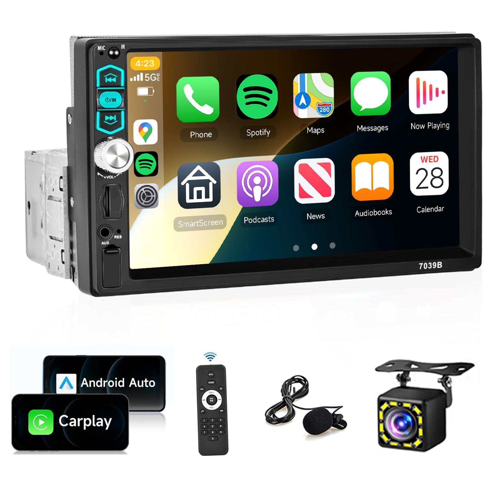 podofo Single Din Car Stereo Radio with Carplay Android Auto,Podofo 7Inch 1080P HD IPS Touchscreen 5.1Bluetooth Car Radio Audio Support FM Radio EQ Mirror Link SWC USB/TF/Aux-in Ports+Backup Camera