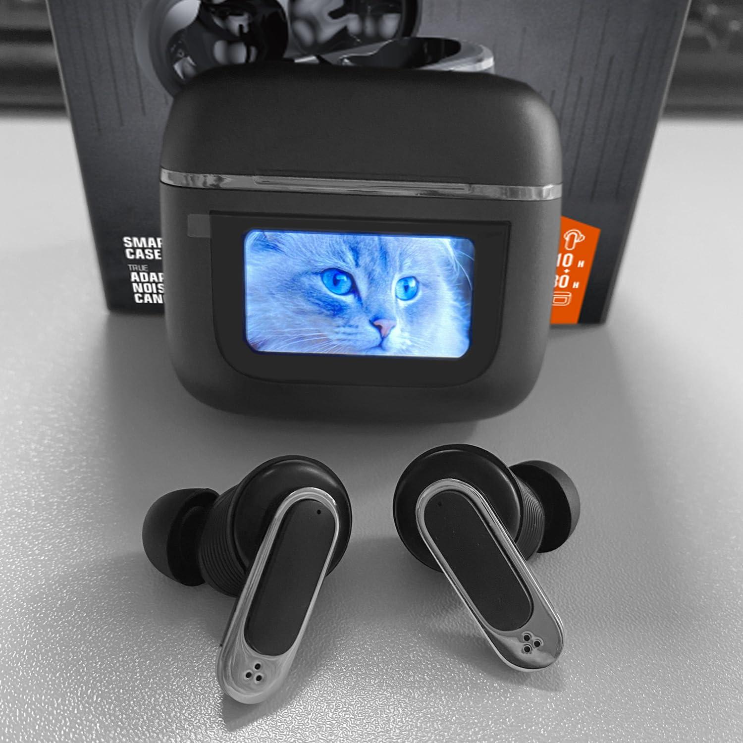 Alpha Digital Alpha Digital Wireless Earbuds with LCD Touch Screen, Bluetooth 5.3, Noise Cancelling, 1.47" Screen, 32H Playback, IP4 Waterproof, Lightweight, ANC & Transparency Mode, 450mAh Wireless Charging Case