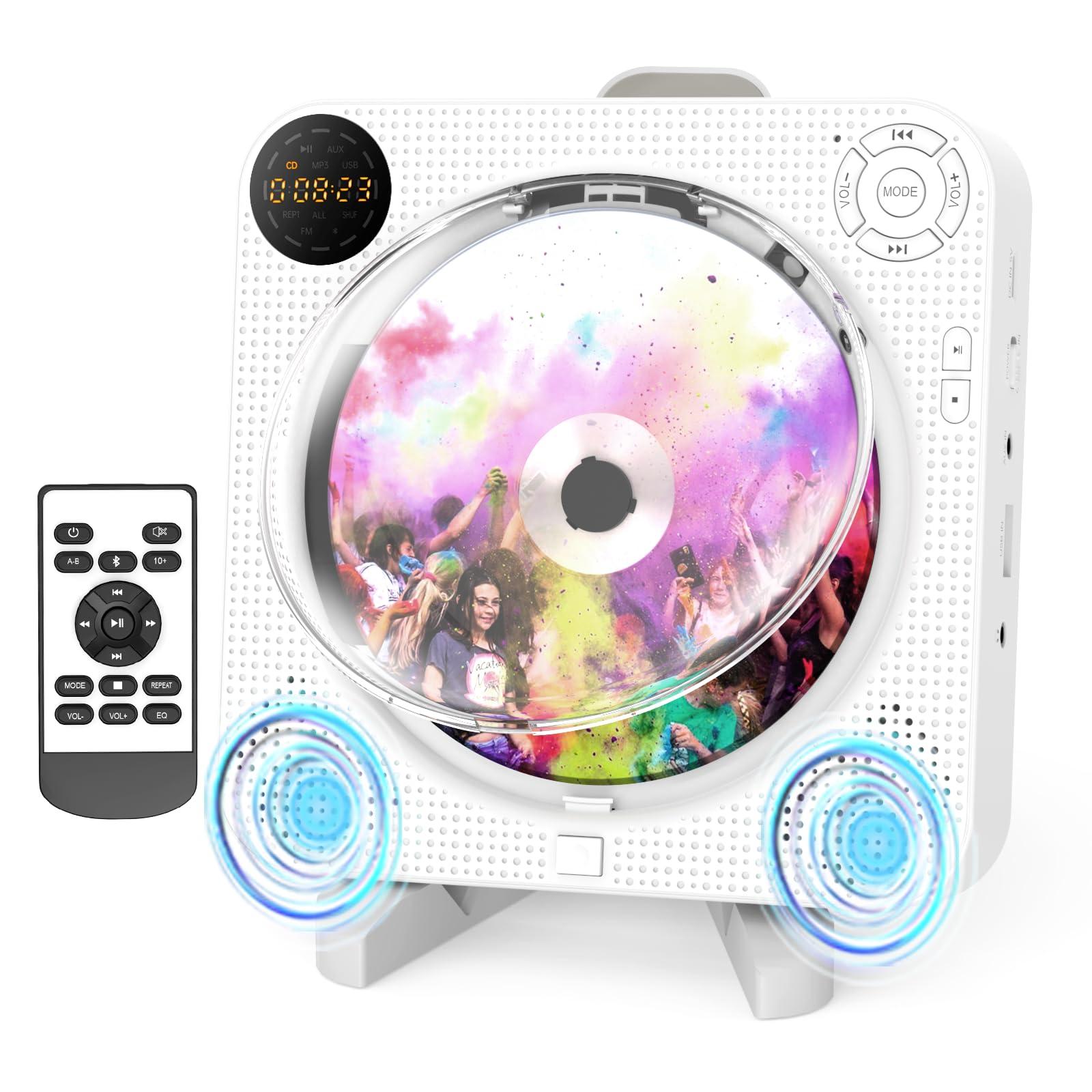 Desobry CD Player Portable, Bluetooth CD Player with Speakers DESOBRY Small CD Player for Home with Remote Control FM Radio Digital Screen Headphone Jack, Wall CD Player Support AUX in Cable&USB, White