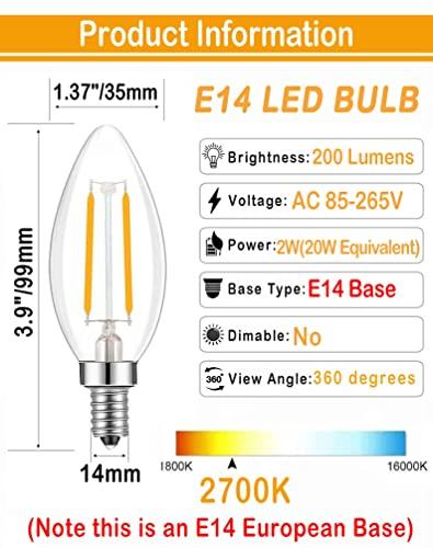 Lamsky Lamsky E14 European Base LED Filament Edison Bulb, 2W Warm White 2700K, No-Dimmable (4-Pack)