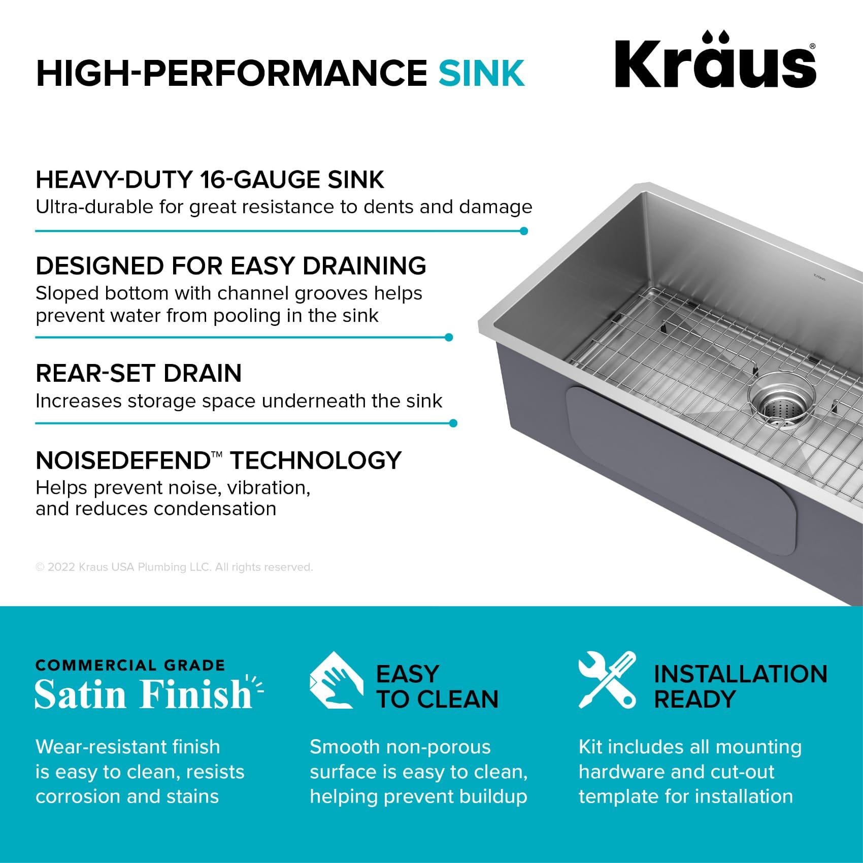 Kraus Kraus KHU100-32 Standart PRO 16 Gauge Undermount Single Bowl Stainless Steel Kitchen Sink, 32 Inch