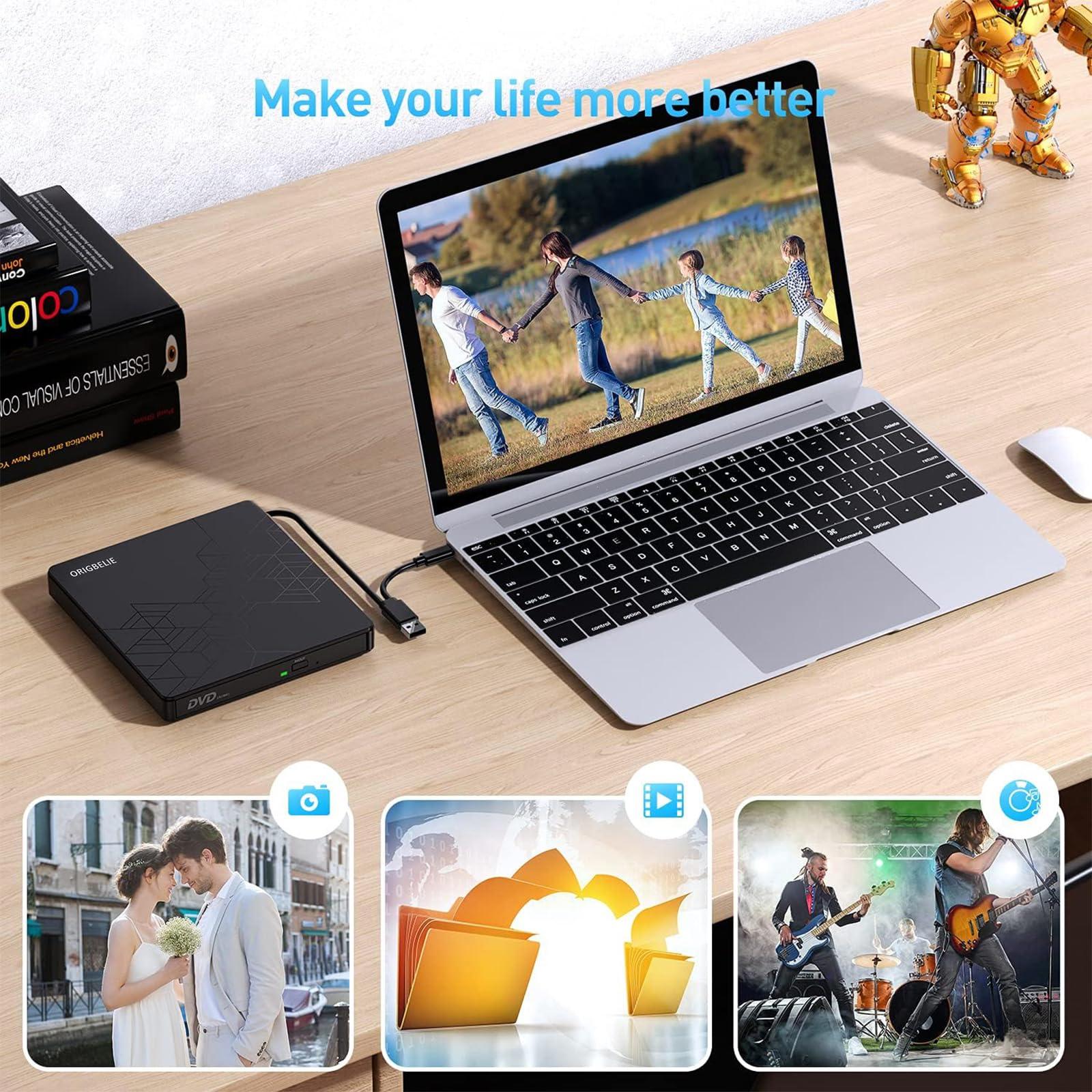 ORIGBELIE ORIGBELIE External DVD Drive, CD Drive USB 3.0 Typle C CD/DVD ROM +/-RW Adapter with USB Port DVD Burner for Laptop PC Desktop Computer, Optical Disk Drive CD Player Compatible with Mac Windows Linux