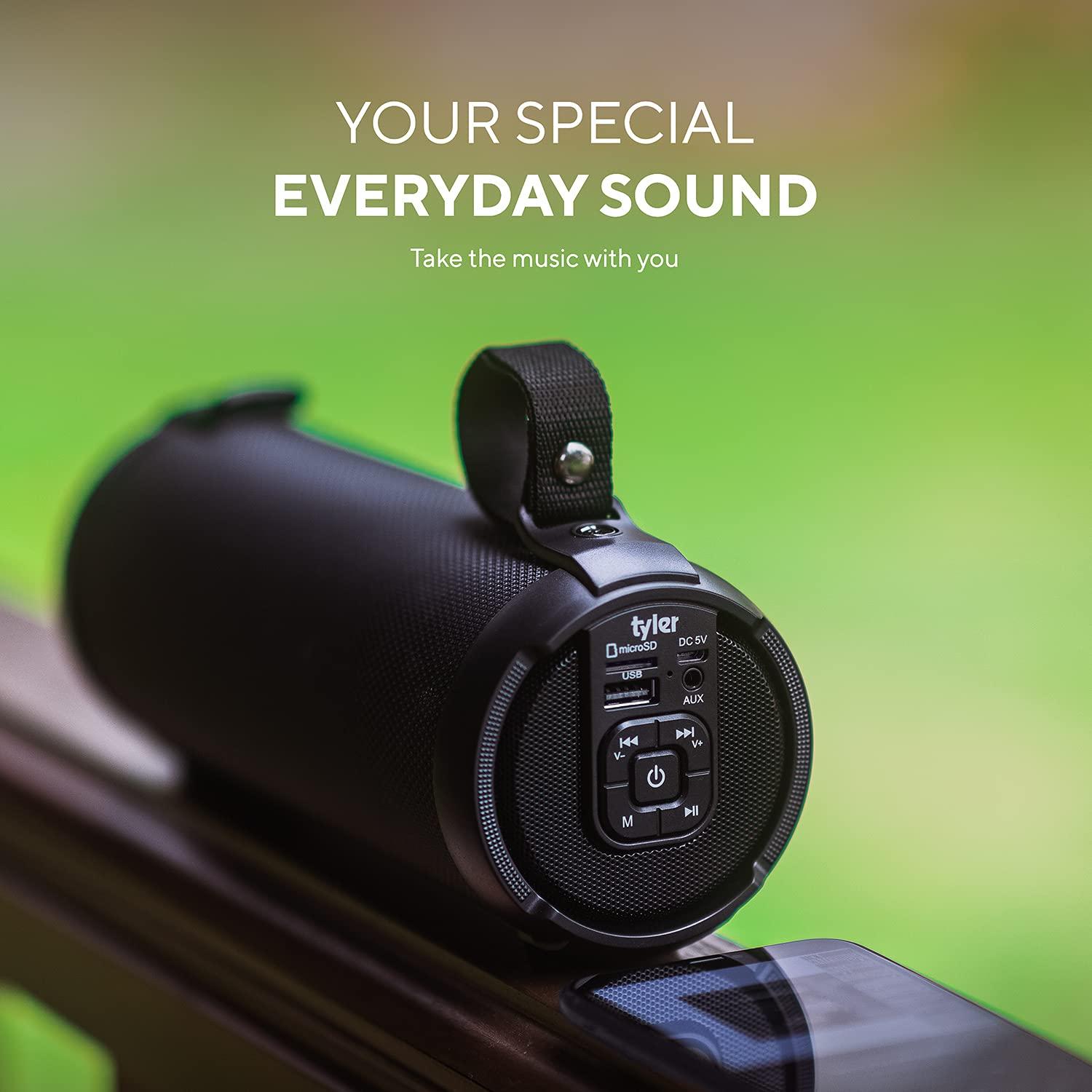 TYLER Tyler Wireless Bluetooth Speaker Water Resistant Long Range Rechargeable Boombox USB MP3 Micro SD AUX Inputs Fm Radio Sound & Bass Carry Strap Lightweight for Home Outdoor Stereo