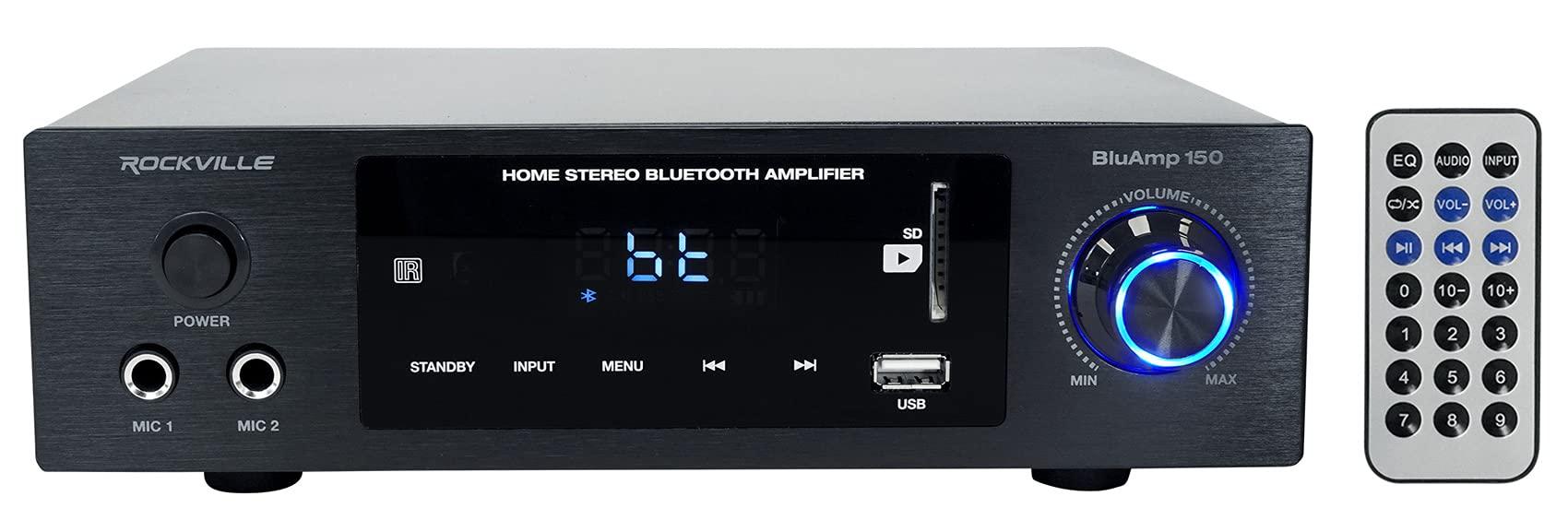 Rockville Rockville BLUAMP 150 Amplifier/Bluetooth Bundle with (2) Rockville RockShelf 64B Speakers, Rockville BLUE 14G50 OFC Speaker Wire, Rockville Rock Shaker 8" Subwoofer & Rockville RCDR25B Cable (5 Items)