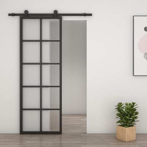 CALHOME 30 in. x 84 in. 10 Lite Frosted Glass Black Aluminum Frame Interior Barn Door with Sliding Hardware Kit