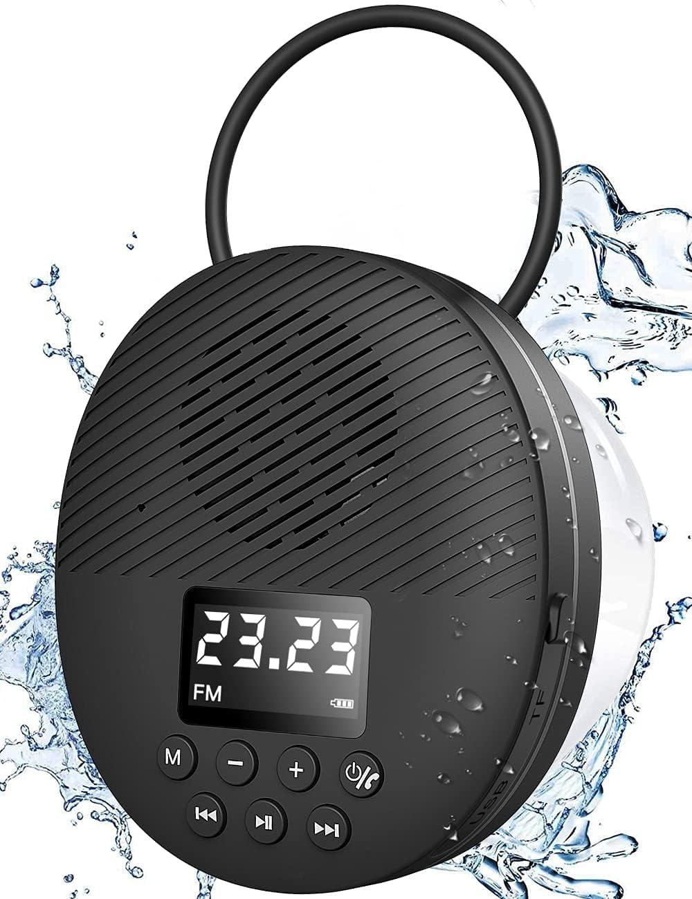AGPTEK Shower Radio Speaker with Bluetooth 5.0, AGPTEK Waterproof Wireless Bathroom FM with Suction Cup 12H Long Playback Time, Lanyard, LCD Screen Display, Handsfree Calling, Storage Card Playback Black