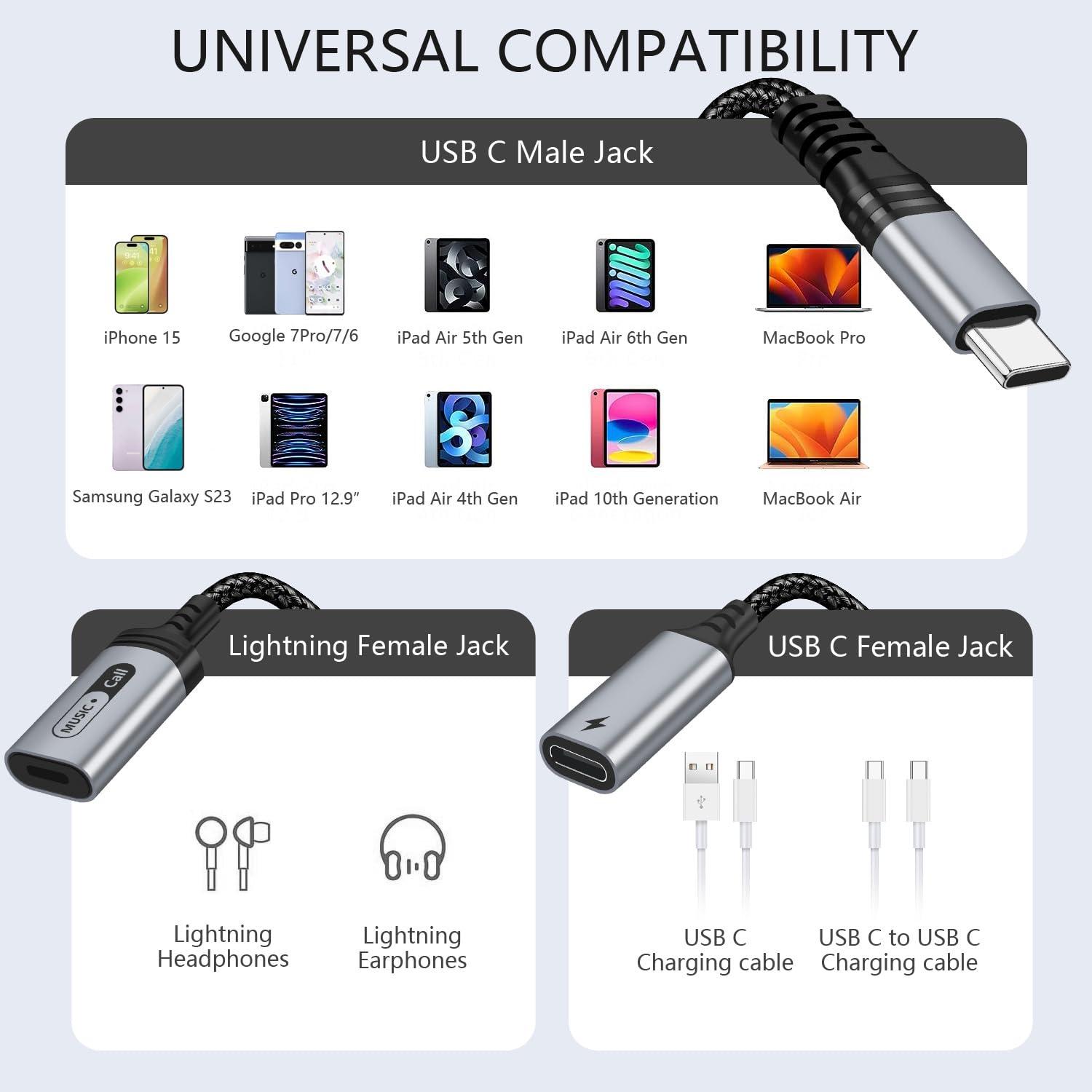 LecLooc USB C to Lightning Audio and Charge Adapter for iPhone 16 15 Pro, USB Type C Male to Female Lightning Headphone & Type C Charge Converter Fit with i-Pad Pro, MacBook,Galaxy S24 23 S22, Pixel 9 8 7