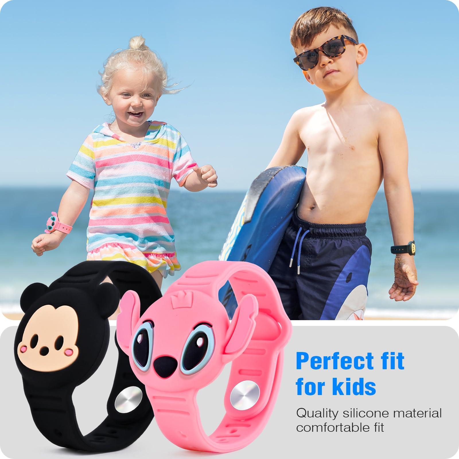 ZHOC 2 Pack AirTag Holder for Kids, Waterproof Airtag Bracelet for Kids with Cute Cartoon Design, Full Coverage Anti-Lost Silicone Airtag Accessories for Child, Healthy Material Pink + Blue
