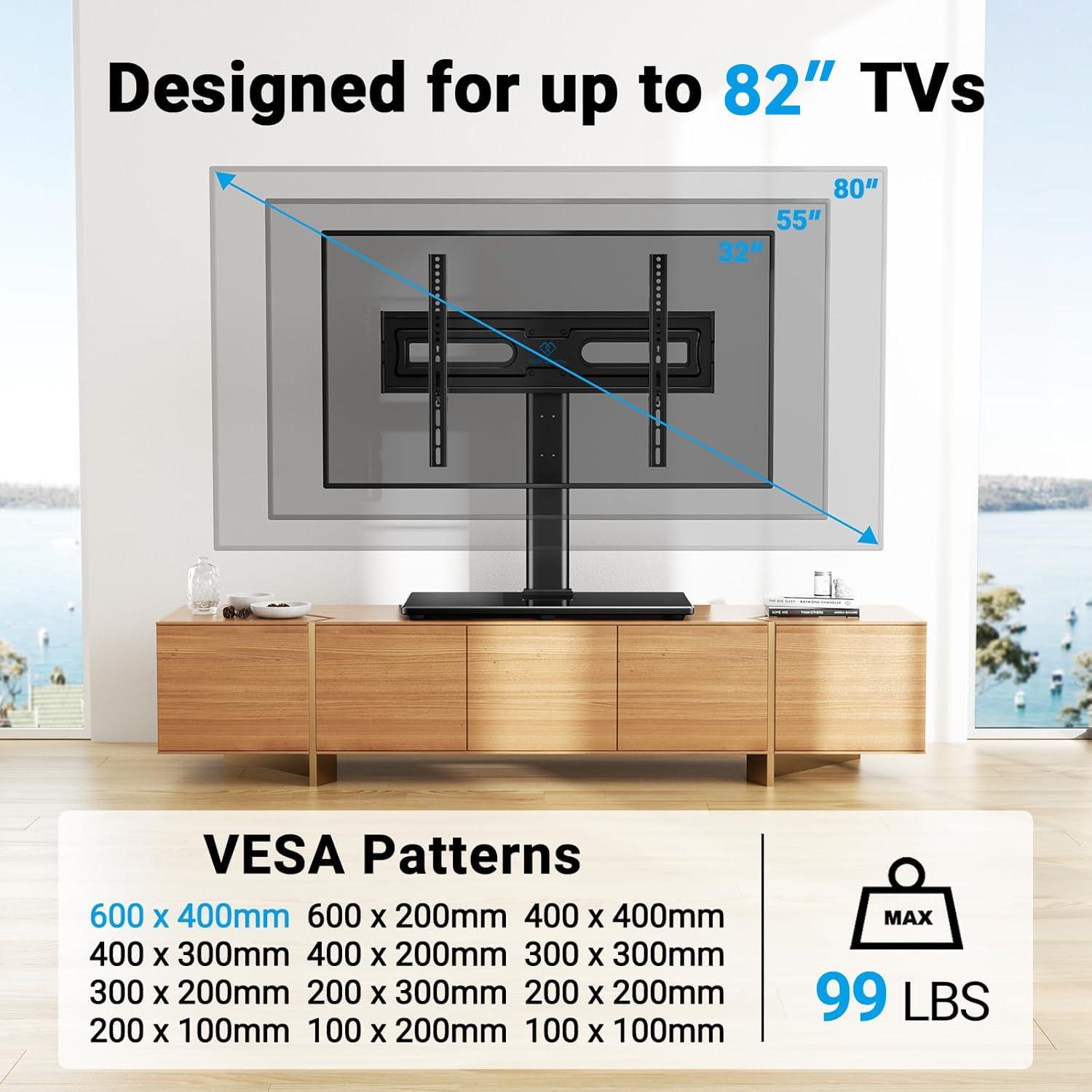 PERLESMITH PERLESMITH Swivel Universal TV Stand Mount for 32-82 Inch LCD OLED Flat/Curved Screen TVs up to 99lbs-Height Adjustable Table Top TV Stand/Base with Tempered Glass Base&Wire Management,VESA 600x400mm