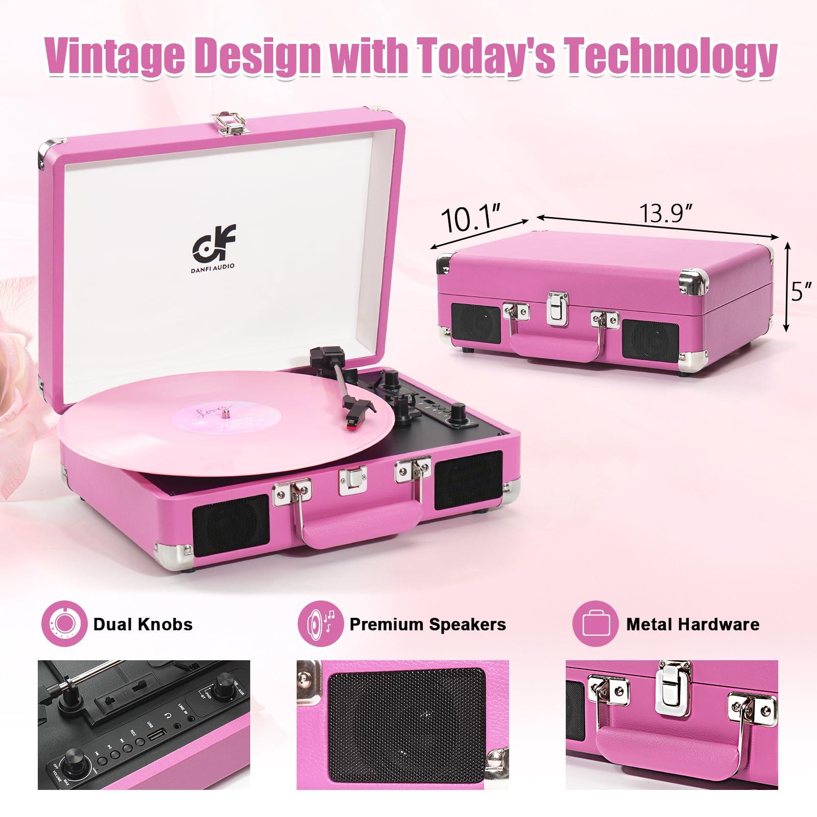 DANFI AUDIO DF DANFI Audio Pink Bluetooth Vinyl Record Player with Dual Speakers, USB Recording,3-Speed Suitcase Turntable, RCA/AUX/Headphone Output