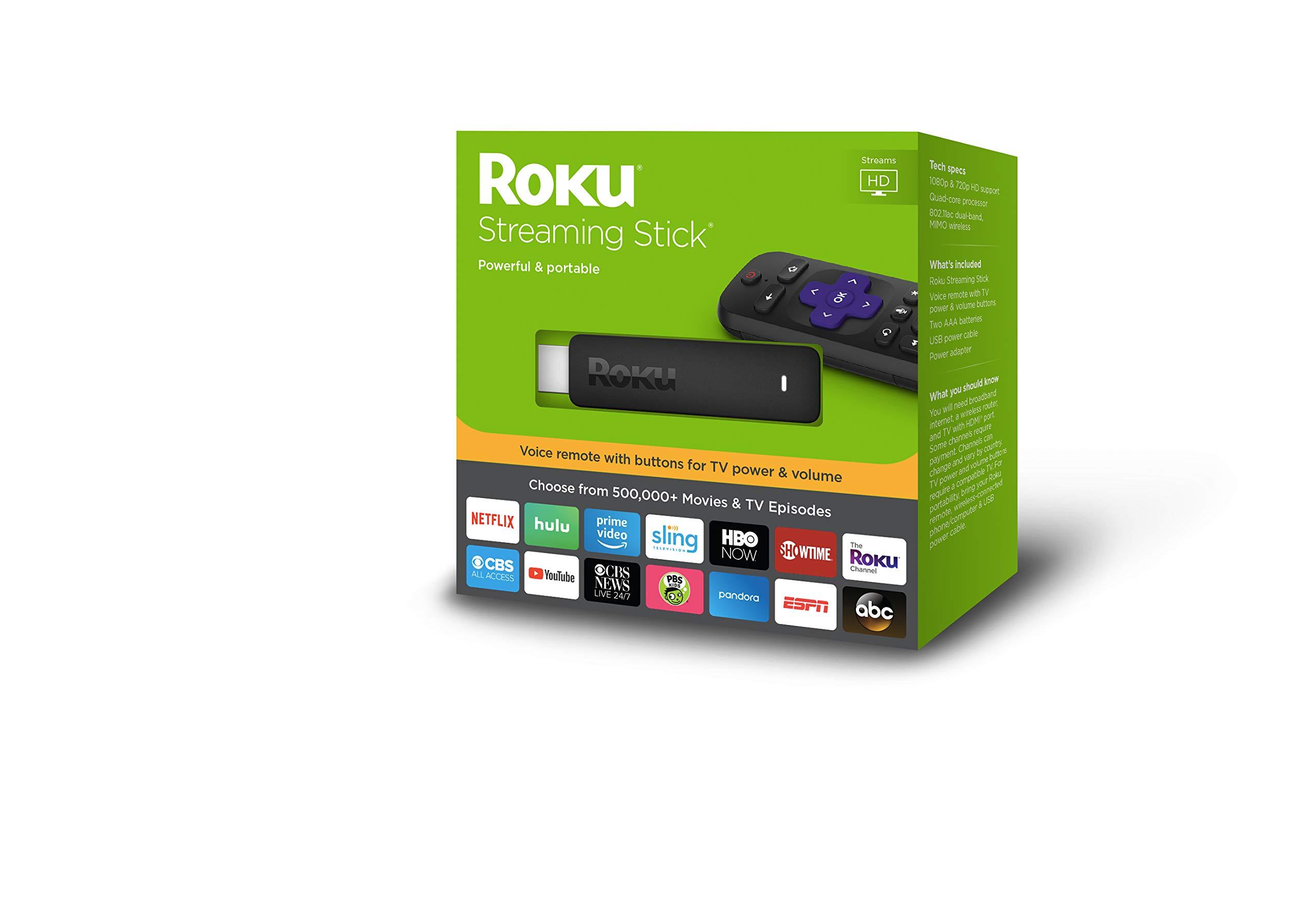 Roku Roku Streaming Stick | Portable; Power-Packed Streaming Device with Voice Remote with Buttons for TV Power and Volume (2018)