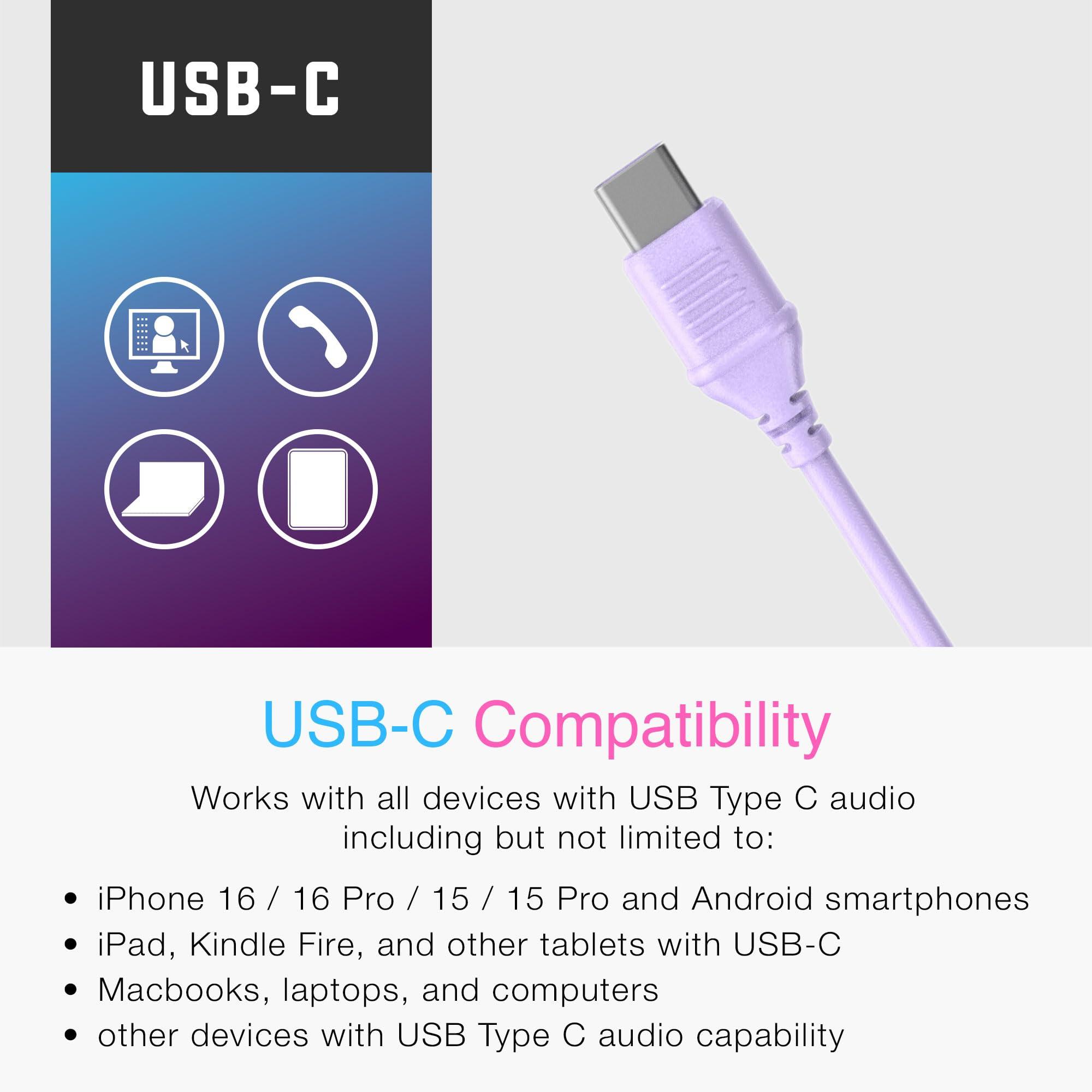 MEE audio MEE audio KidJamz KJ55 Personalized USB-C Safe Listening Wired Headphones for Kids with Custom LED-Backlit Design, Volume Limiter, & Microphone for iPhone 15, iPad, & USB Type C Devices (Lavender)