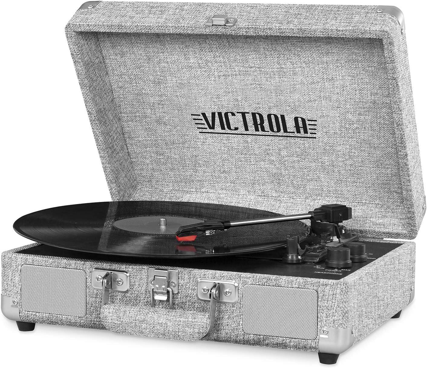 Victrola Victrola Vintage 3-Speed Bluetooth Portable Suitcase Record Player with Built-in Speakers | Upgraded Turntable Audio Sound| Includes Extra Stylus | Light Gray