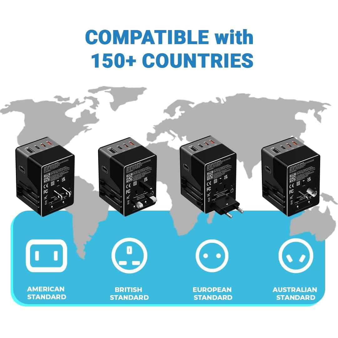 iBlockCube iBlockCube Swift Universal Travel Adapter 120W PD Fast Charger 4 USB-C,1 USB-A, International Wall Charger AC Plug Converter Adaptor Travel Essentials (Gray