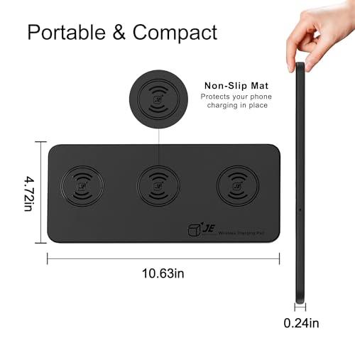 JE Make IT Simple Triple Wireless Charger Pad - 15W Fast Charging Station for Apple iPhone 15/14/13/12 Pro/Max/Plus, AirPods, Qi-Certified 3-in-1 Charging Mat for Multiple Devices One-Step Wireless Charging Solution