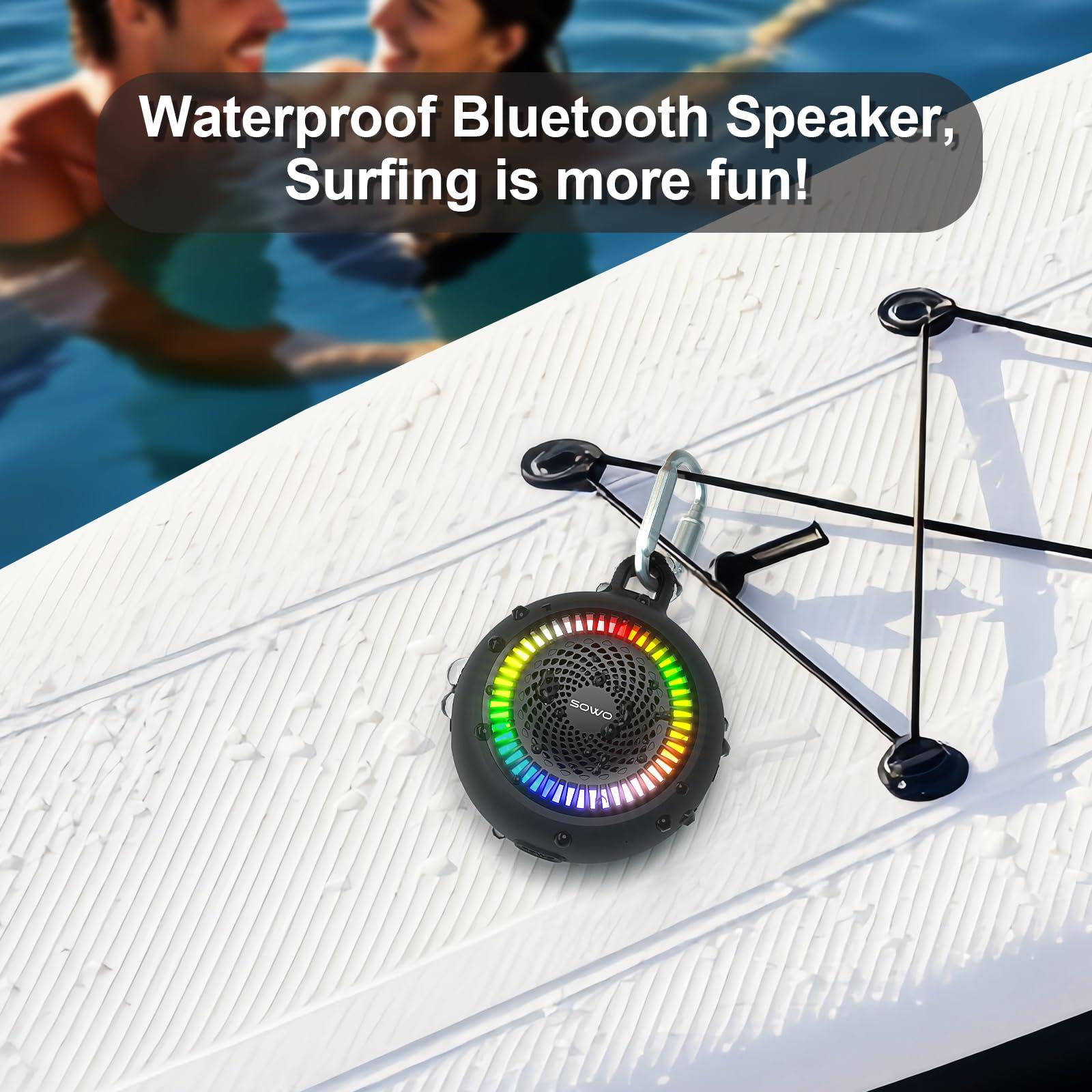 SOWO Bluetooth Shower Speaker Waterproof | Small Portable Bluetooth Speaker Wireless with Clip | Powerful Bass and Louder Volume | Colorful Lights and Lightweight | with TWS Pairing | Black