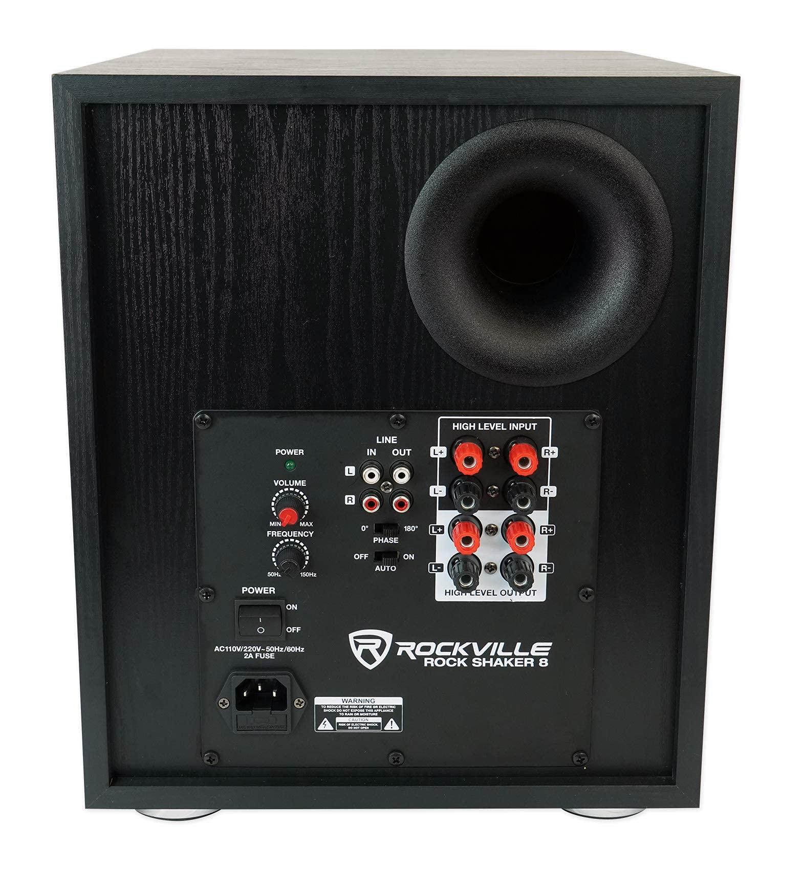 Rockville Rockville BLUAMP 150 Bluetooth Amplifier Bundle with (4) Rockville RockShelf 68B Speakers, Rockville BLUE 14G50 OFC Speaker Wire, Rockville Rock Shaker 8" Subwoofer & Rockville RCDR25B Cable (5 Items)