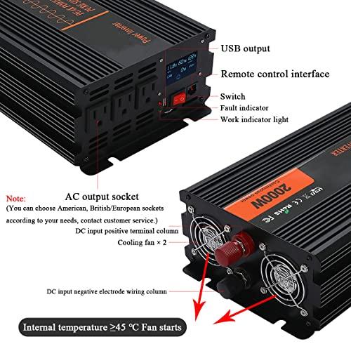 TOOJUN Car Power Inverter Pure Sine Wave DC 12V/24V/48V/60V to AC 120V/220V Transformer Convert with Wired Remote Control (Optional Socket),12V-120V
