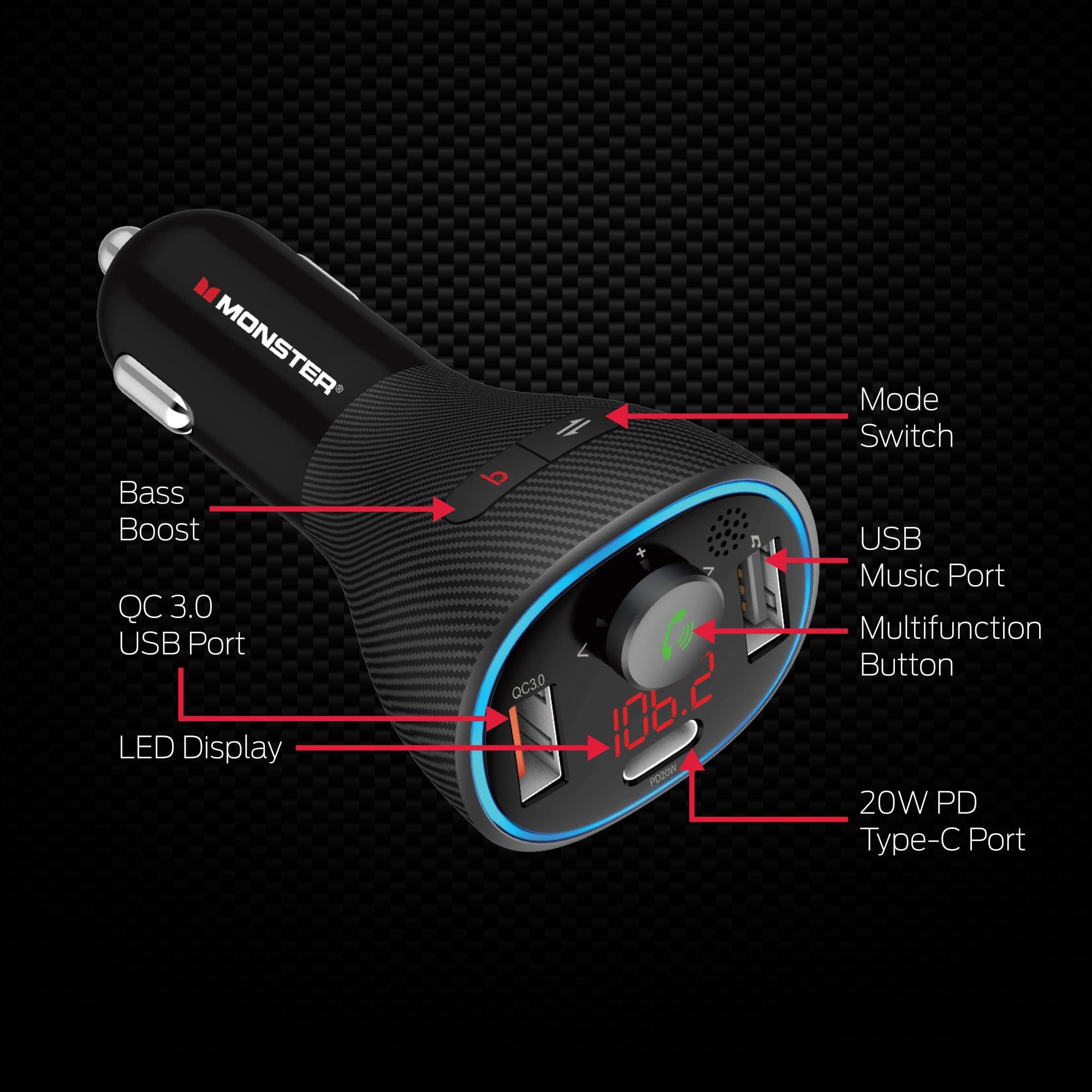 XTREME DIGITAL LIFESTYLE ACCESSORIES Monster Bluetooth FM Transmitter for Car Cigarette Lighter with 20W QC3.0 USB A & USB C PD Charger, Bass Boost Button, Flash Drive Port, Google Voice & Siri Compatible, Hands-Free Calls, Microphone
