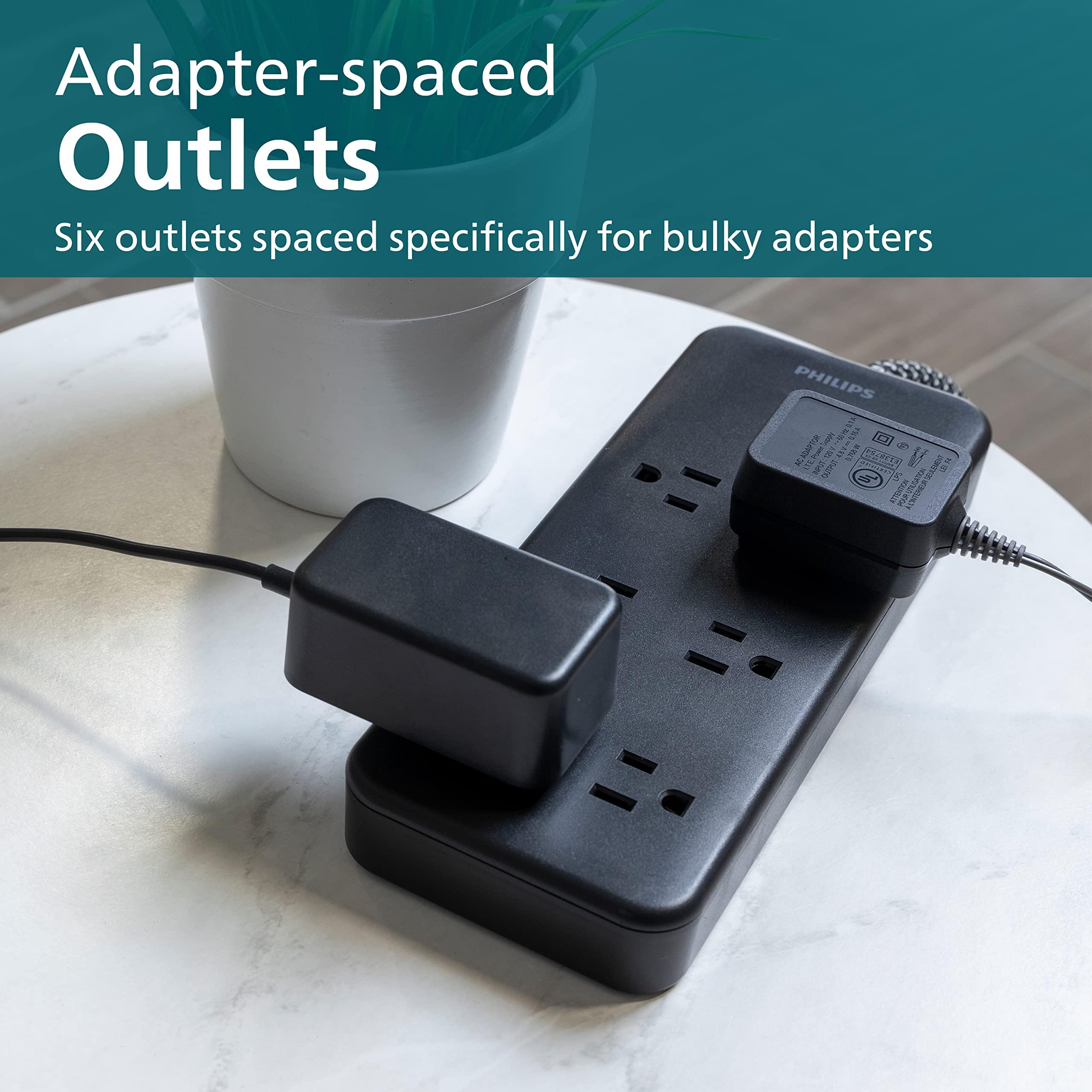 Philips Philips 6-Outlet Surge Protector, 8 Ft, Braided Cord, 1080 Joules, Adapter-Spaced, Black, SPC6066BB/37