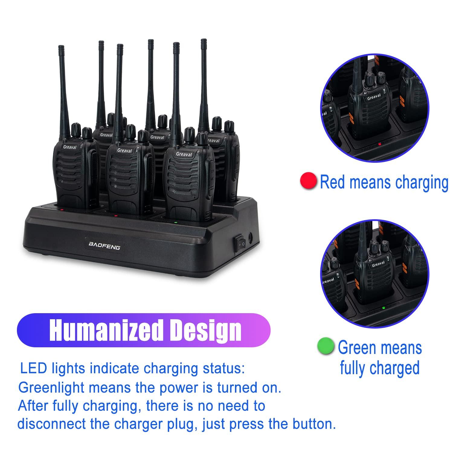 Greaval Greaval GV-8S Long Range Walkie Talkies with Six-Way Multi-Unit Charger for Adults, 6 Pack Rechargeable Walkie Talkies with 12 Li-ion Batteries, Two-Way Radio with Earpieces and Mic