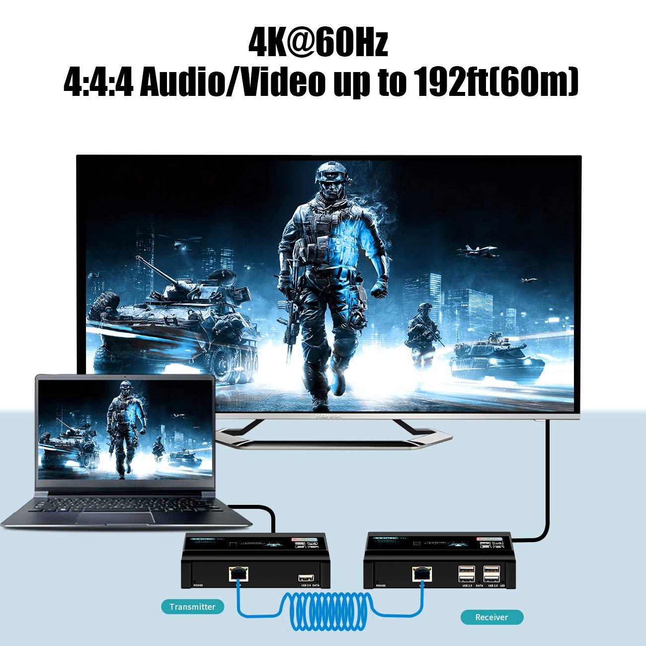 Basicolor Basicolor HDMI KVM USB Extender, 4K@60Hz Ethernet Extender Over Cat5 Cat6 Up to 196Ft(60m), Video Transmit Lossless and Near Zero Latency, Plug&Play HDMI to Rj45, 4xUSB2.0