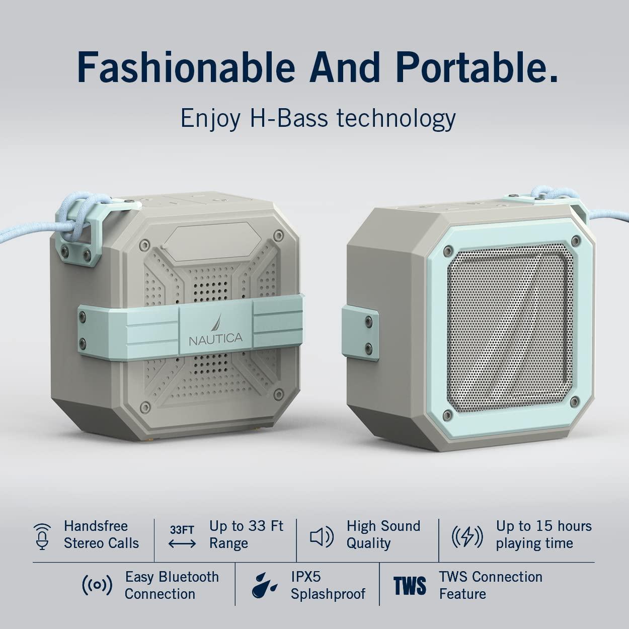 NAUTICA NAUTICA Bluetooth Portable Speaker, Waterproof Wireless Speaker, Outdoor, Bluetooth Patio Speakers, Loud Sound, Clear Audio, USB Drive, 15-Hour Playtime (Gray/Blue)