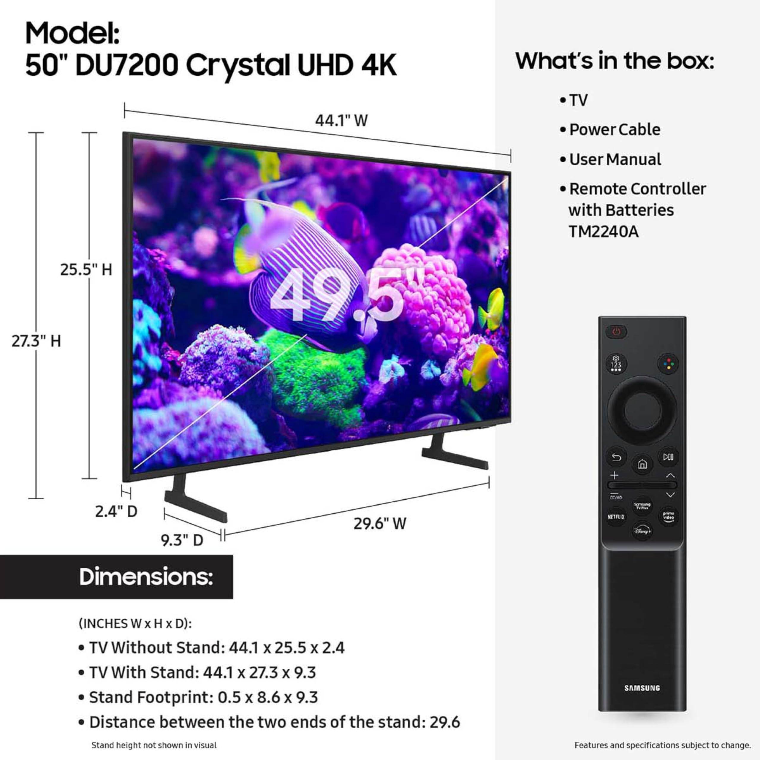 Samsung Samsung 50-Inch Class Crystal UHD 4K DU7200 Series HDR Smart TV w/Object Tracking Sound Lite, PurColor, Motion Xcelerator, Mega Contrast, Q-Symphony (UN50DU7200, 2024 Model)