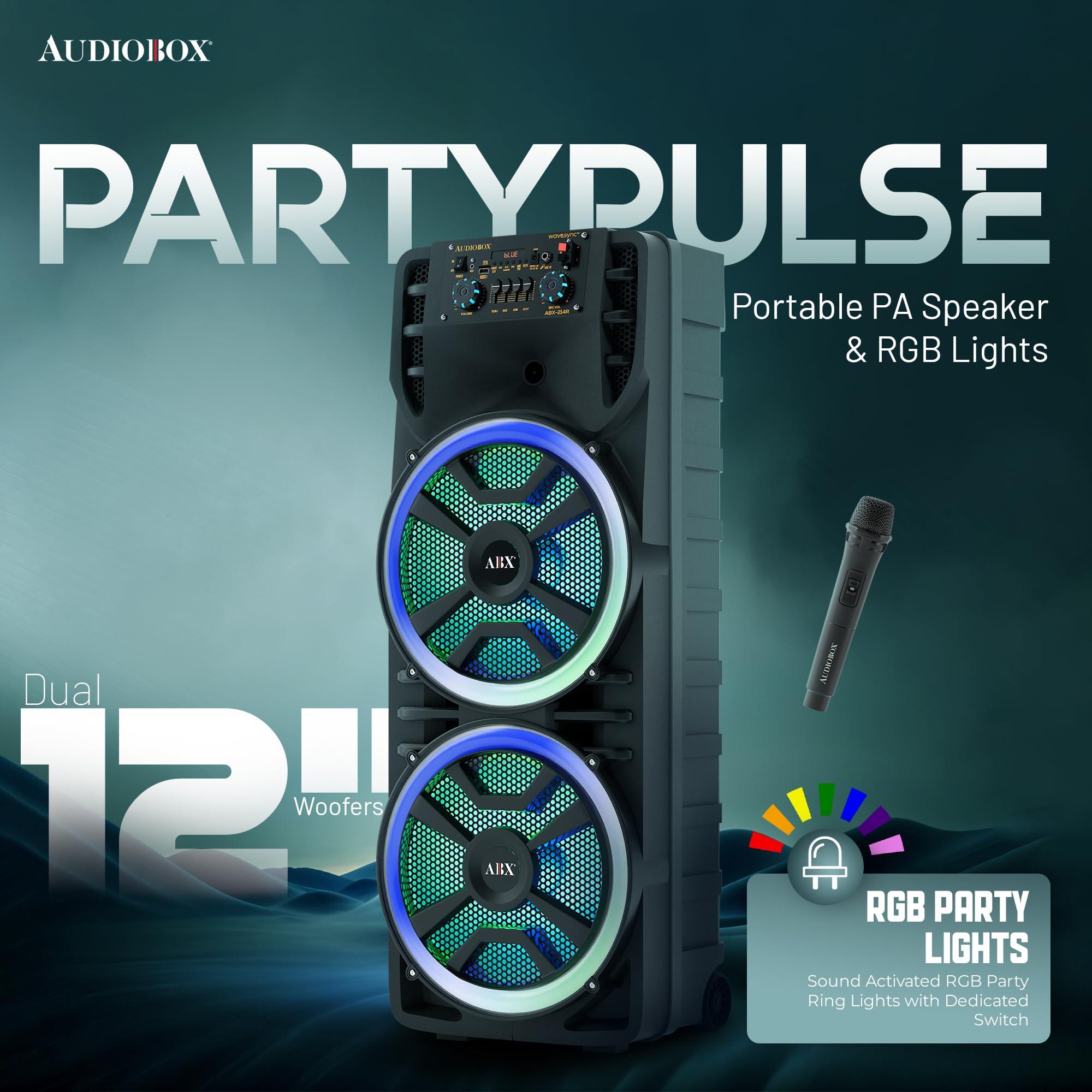 Audiobox Audiobox ABX-214R Dual 12" Portable Bluetooth Speaker, Lightweight but Loud with BASS, RGB Party Lights, Wireless Microphone, Volume, Treble & Bass Controls, 37-Inch Tall
