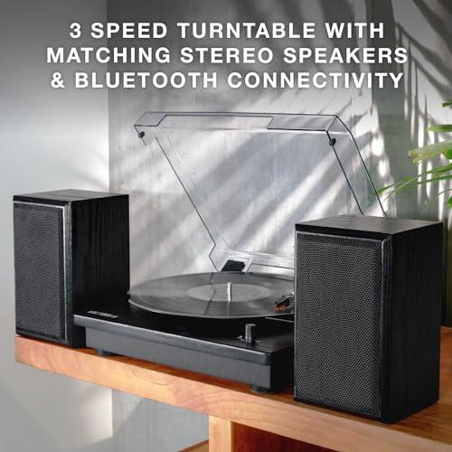 Victrola Victrola Montauk Vinyl Record Player, Black Wood Finish, 3-Speed Belt Driven Turntable with Stereo Bluetooth Speaker Pair, RCA Output and 3.5mm Headphone Jack, Removable Dust Cover