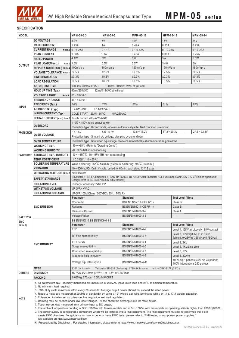 MeanWell Mean Well MPM-05-5 5W High Reliable Green Medical Encapsulated Type MPM-05