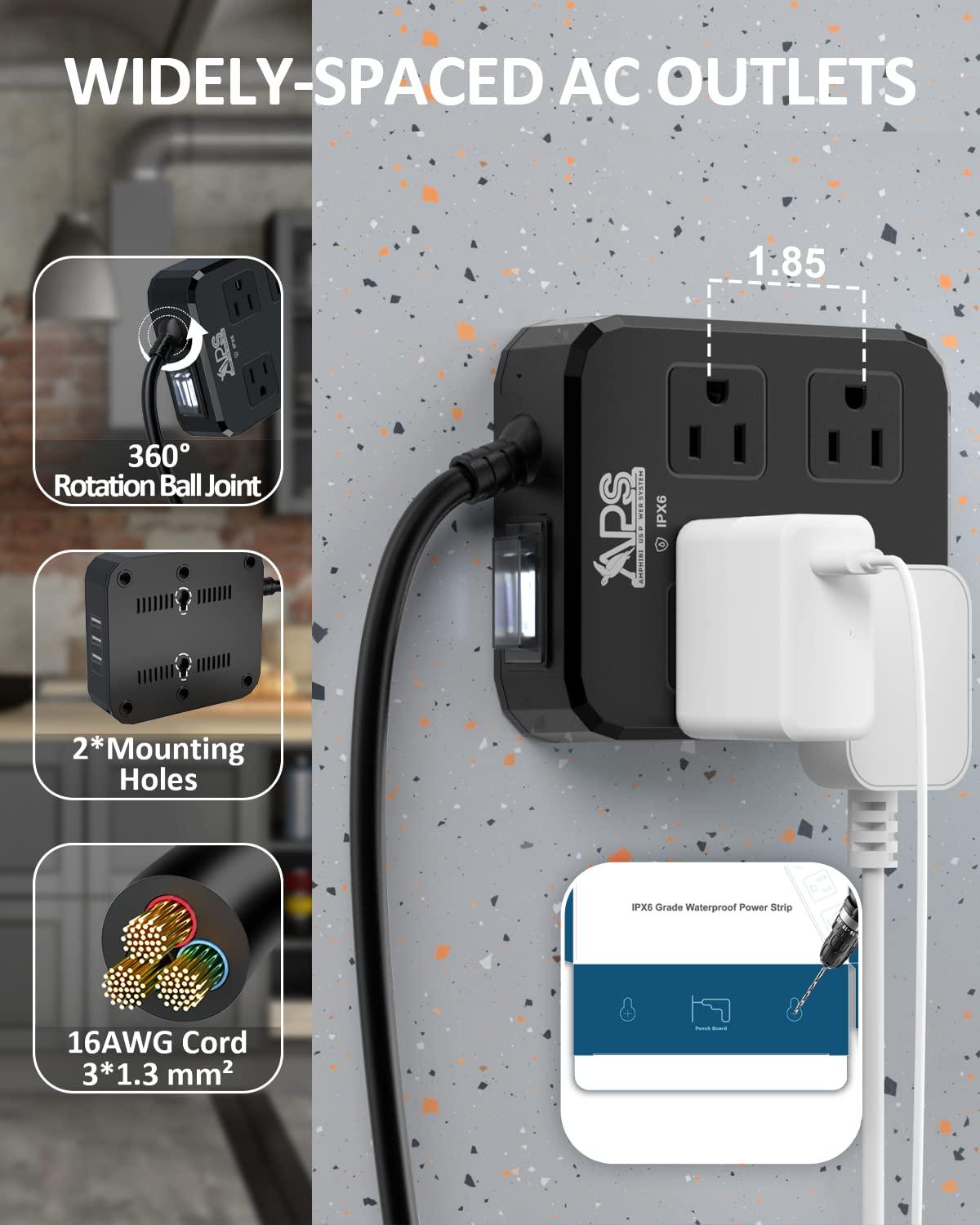 APS Outdoor Power Strip Weatherproof, Waterproof Surge Protector with 4 Wide Outlet with 3 USB Ports, 10FT Extension Cord,1875W Overload Protection,Outlet Extender for Christmas Lights ETL Listed Black