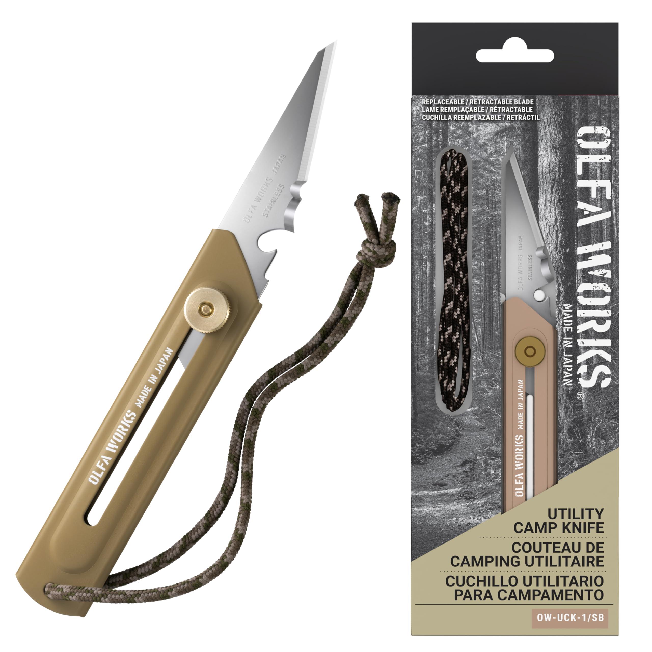 OLFA OLFA WORKS OW-UCK-1/SB Utility Camp Knife High Carbon Stainless Steel Blade - Multipurpose Outdoor Knife, Great for and Camping Activities - Brass Wheel Lock, Replacement Blade: OWB-UCB-1 (Sand)