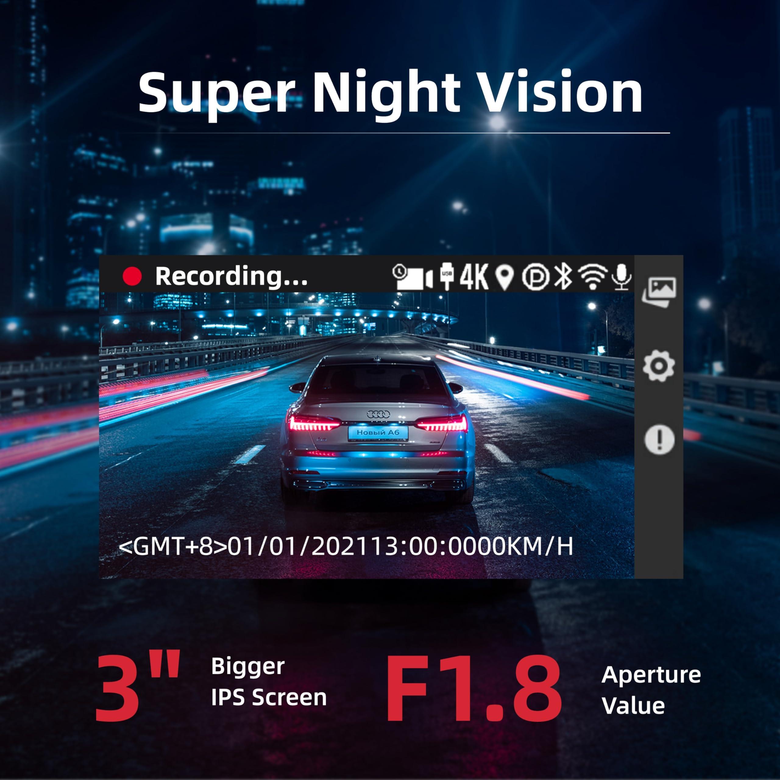 Miofive Miofive Dash Cam Car Front Rear 4K+4K WiFi Bluetooth Dash Cam with 64GB SD Card, Dual Car Camera with Parking Monitoring, Super Night Vision, HDR, G-Sensor, Loop Recording, App Control, Max 512GB