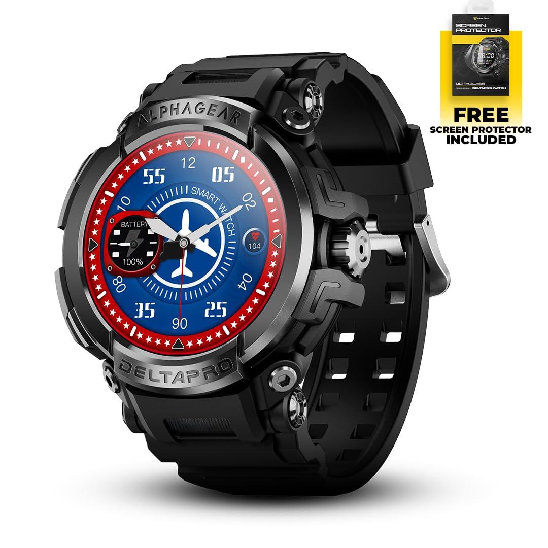 ALPHAGEAR ALPHAGEAR Delta PRO Smartwatch for iPhone & Android, Rugged Smart Watch (Answer/Make Call), Wellness Tracker with 1.58" AMOLED Screen, 10-14 Days Battery, 5 ATM (2xScreen Protector Included)